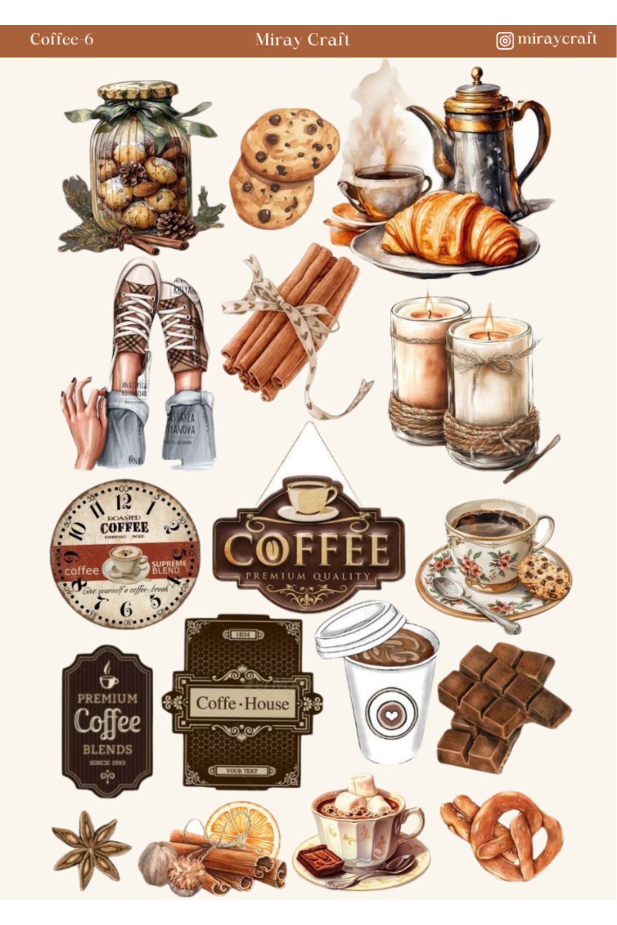 MirayDesign 1 Adet Kahve Temalı Sticker – 12x17 cm Scrapbook, Bullet Journal, Planlayıcı İçin