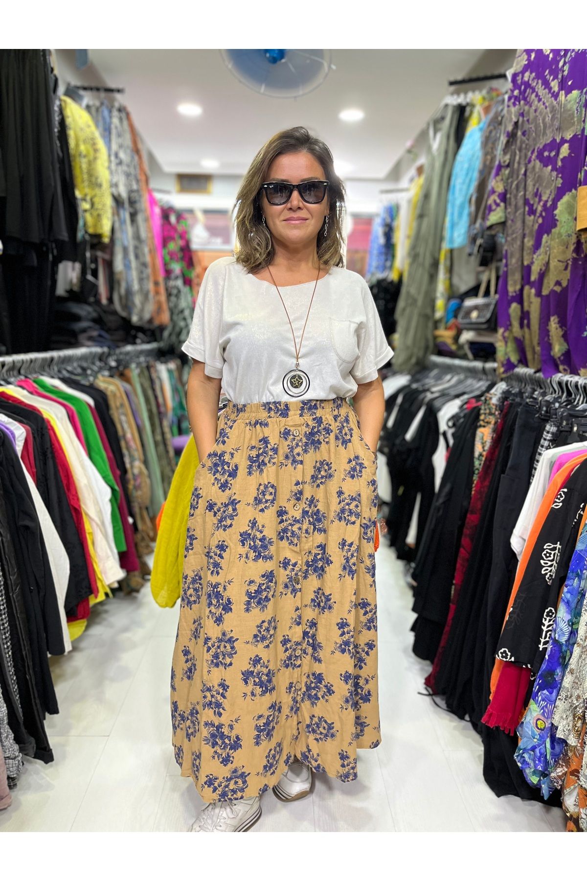 Butik Ayseba Kadın Desenli Düğmeli Uzun Keten Etek