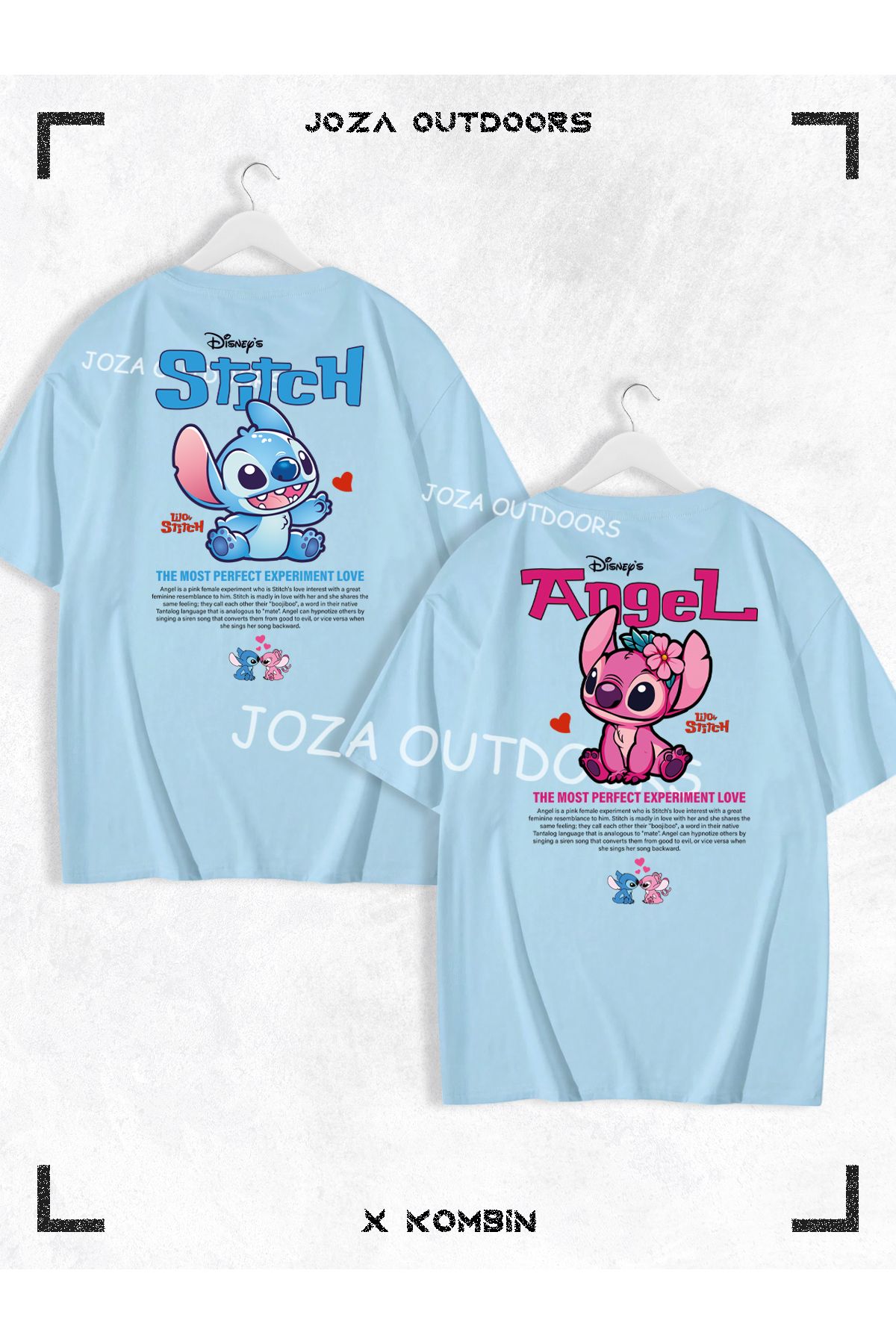 Jobia Outdoors Kadın Erkek Lilo Angel Stitch Yazılı SIRT Baskılı Sevgili Çift Kombini Oversize Tshirt 2'li Takım