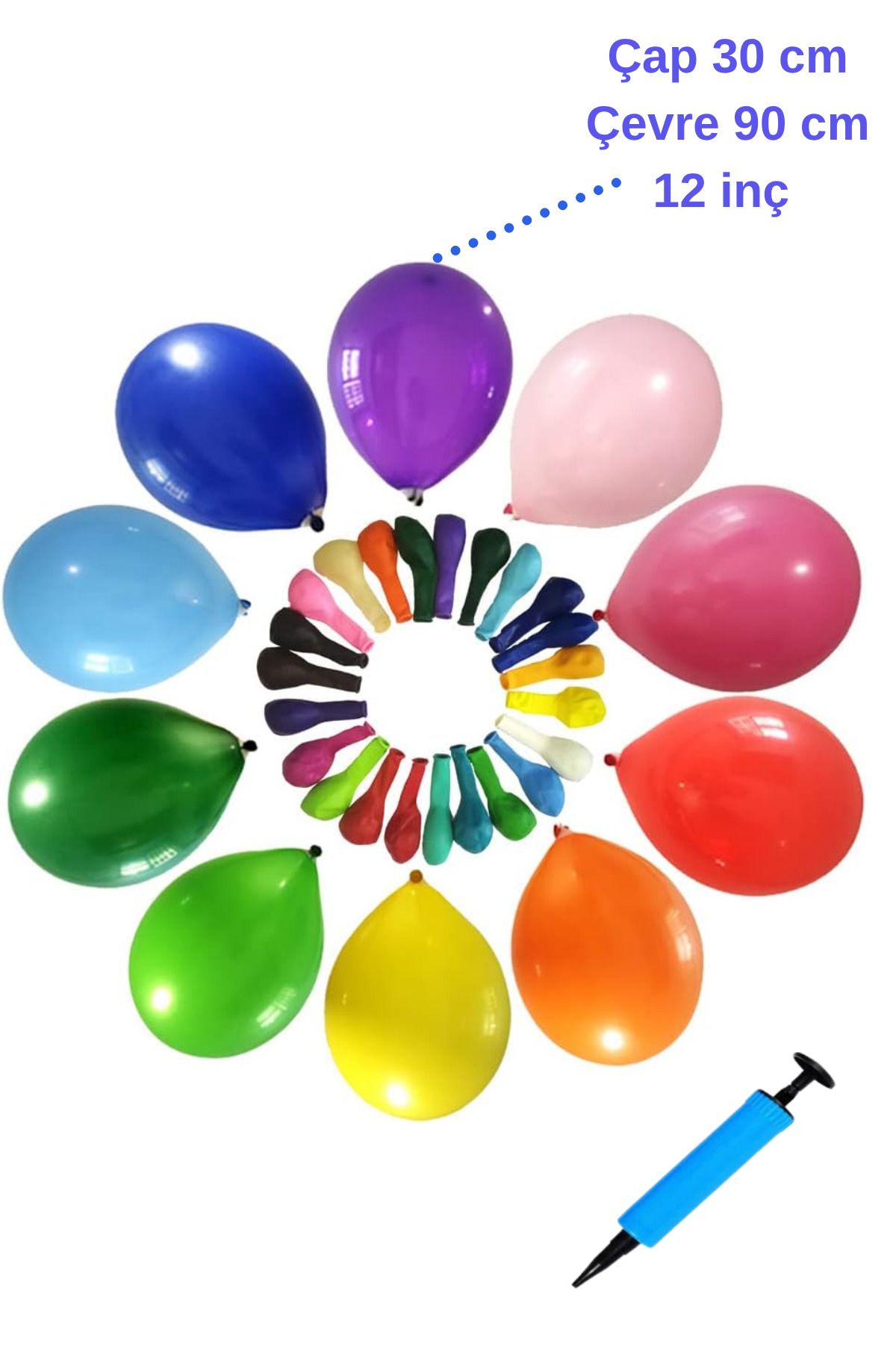 hırdawhat Orta Boy 12 inç Desensiz Renkli Balon 100'lü ve Balon Pompası Seti