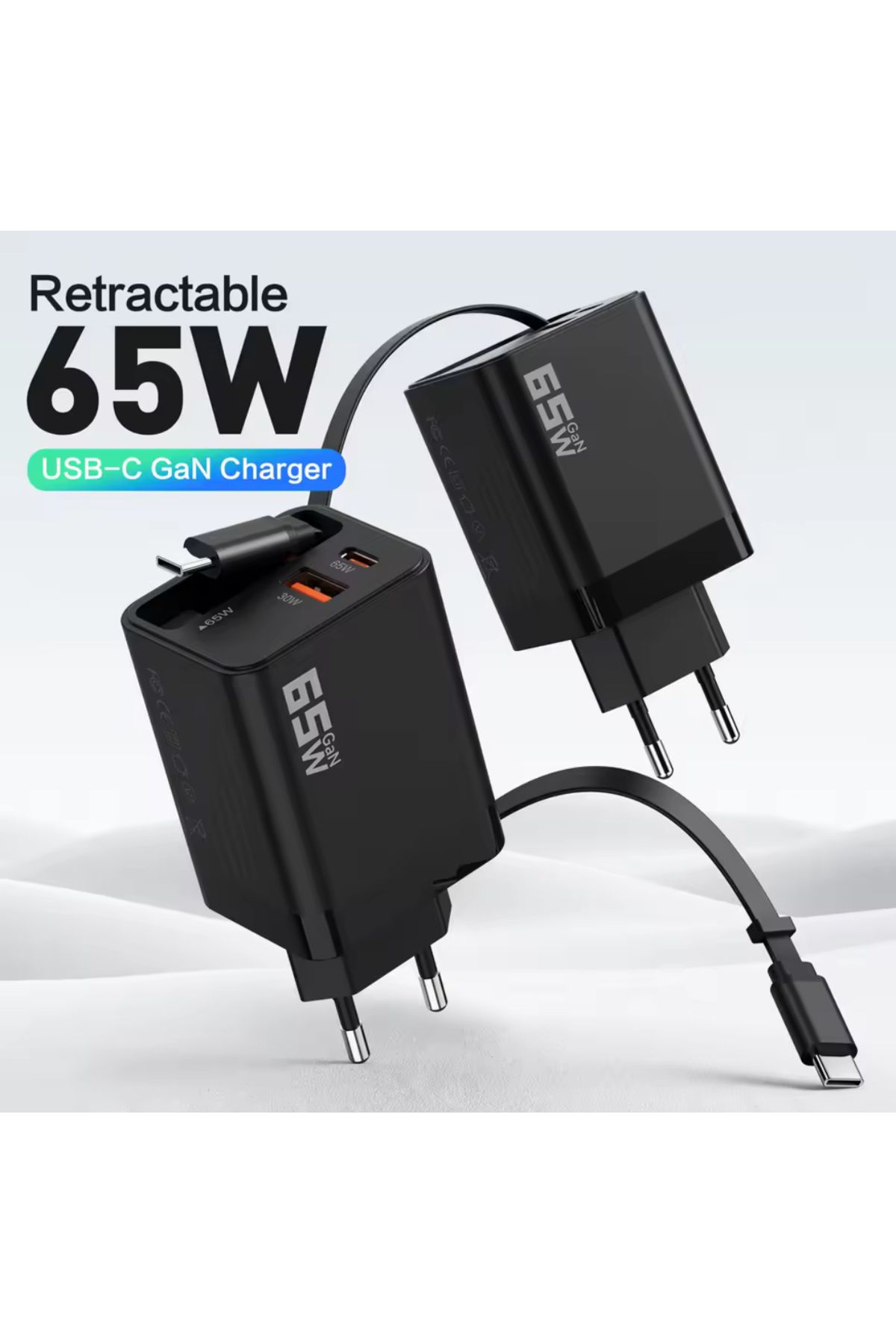Voground iPhone Xiaomi Samsung için Uygun Dahili Geri Çekilebilir C Tipi Kablolu 65W GaN Hızlı Şarj