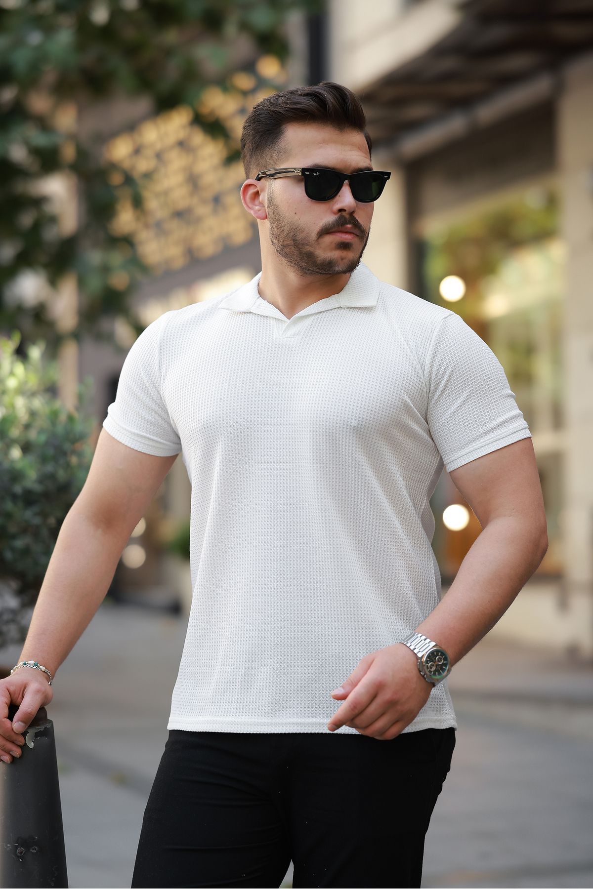 REFRESH Style Erkek Beyaz Waffle Triko Apaş Yaka Polo Tişört