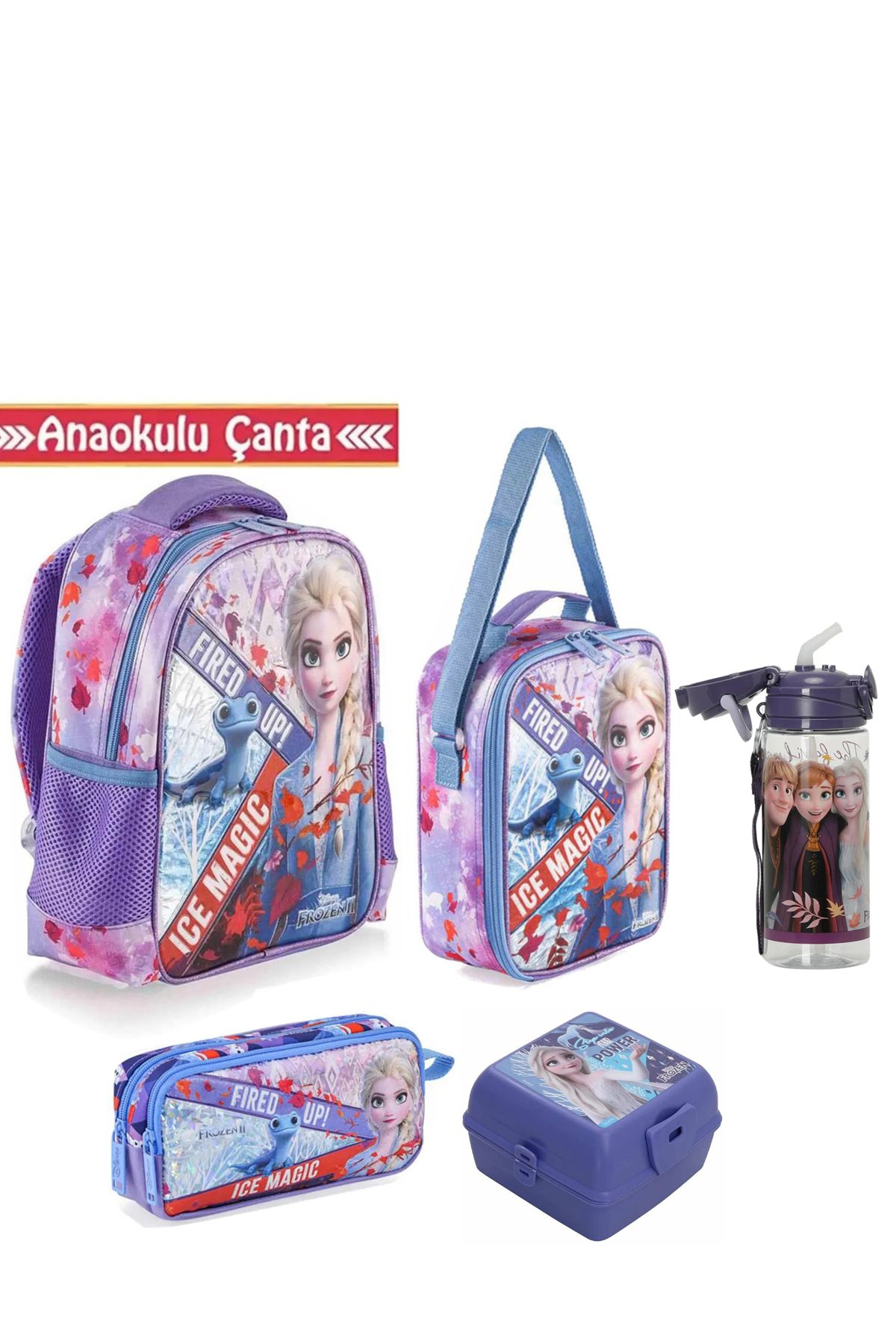 Frozen Elsa Lisanslı Premium Anaokulu Çantası Seti Beslenme Suluk Kalemlik Yemek Kabı 5Li Set