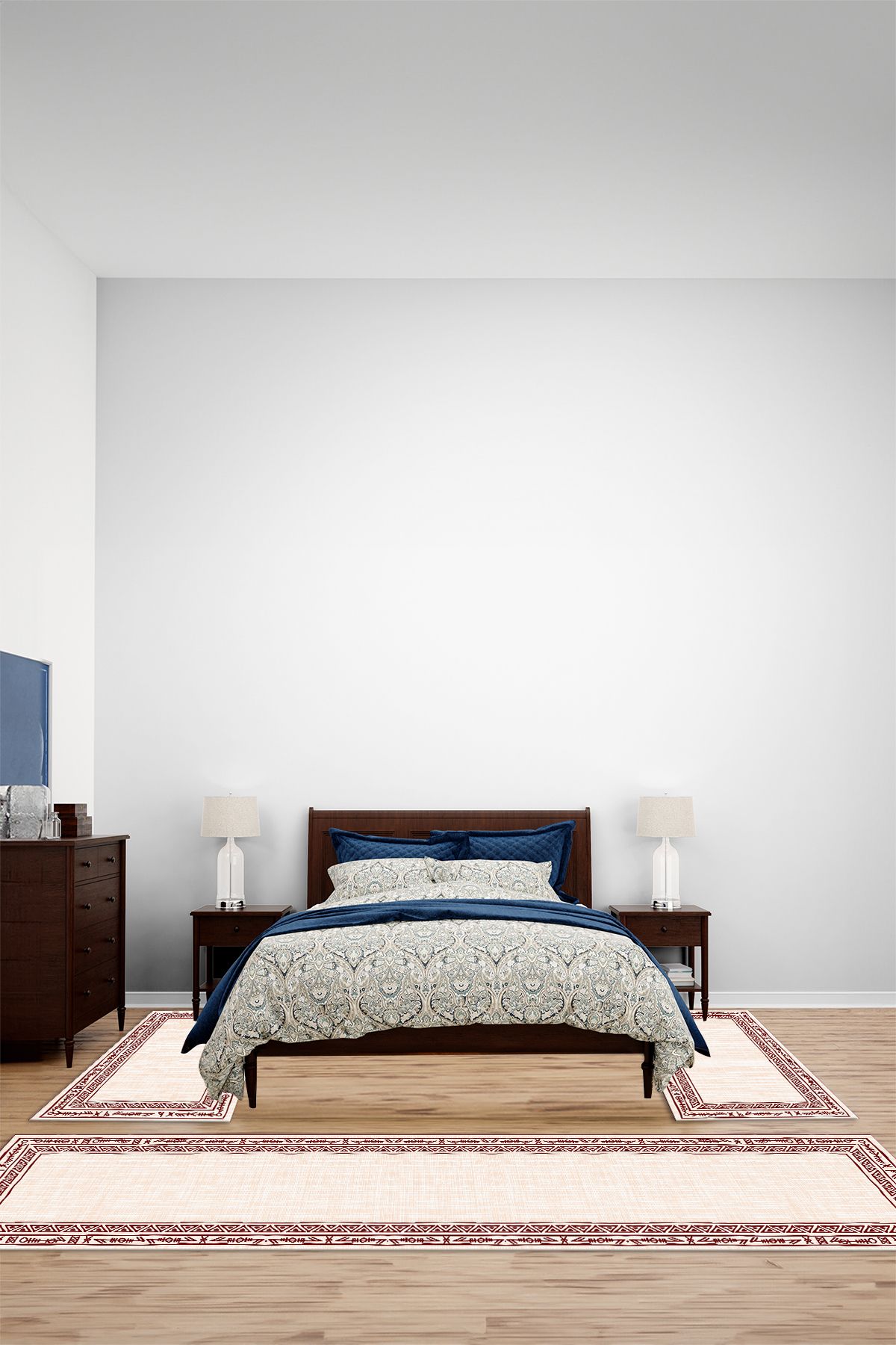 Viyana Home Kaymaz Çerçeve Desen İskandinav Model Yıkanabilir Üçlü Yatak Odası Halısı, YO-İSKANDİNAV-61-BORDO,