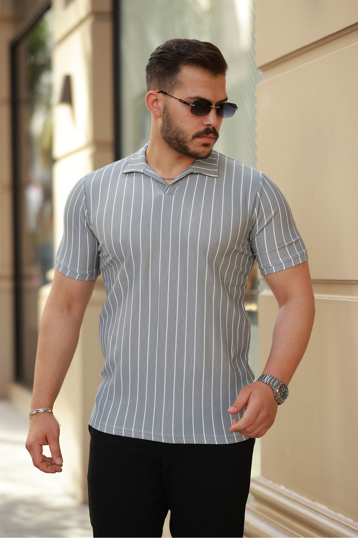 REFRESH Style Erkek Gri-Beyaz Ottoman Çizgili Apaş Yaka Polo Tişört