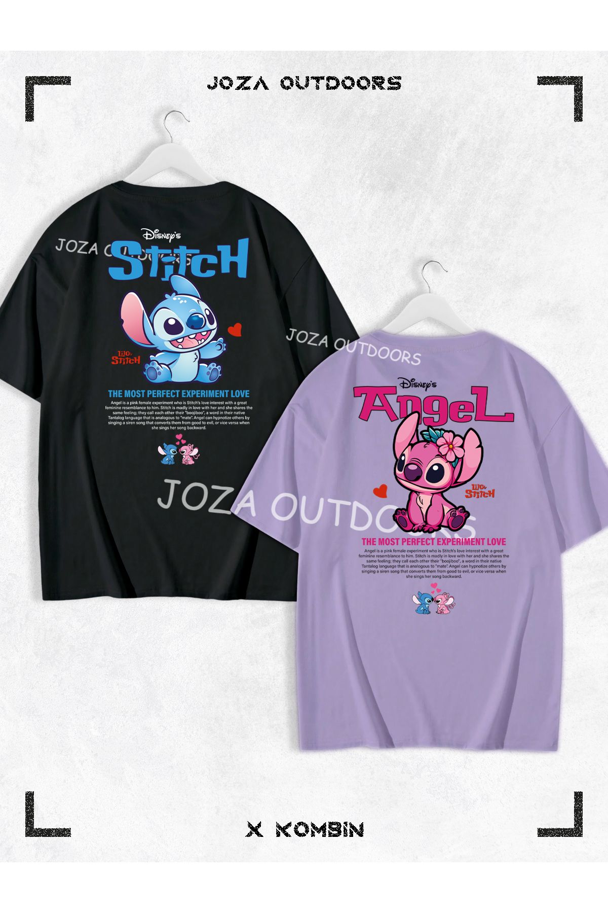 Jobia Outdoors Kadın Erkek Lilo Angel Stitch Yazılı SIRT Baskılı Sevgili Çift Kombini Oversize Tshirt 2'li Takım