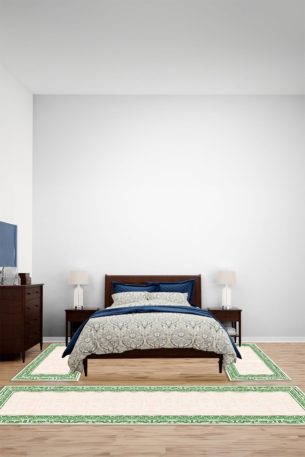 Viyana Home Kaymaz Çerçeve Desen İskandinav Model Yıkanabilir Üçlü Yatak Odası Halısı, YO-İSKANDİNAV-61-YEŞİL,