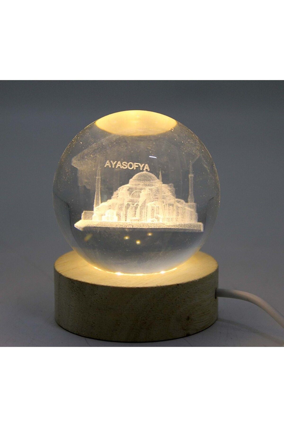 myhomehediyelik Kişiye Özel 3D Kristal Cam Küre LED Lamba – Ayasofya Cami Temalı (Ahşap Soketli / 6 cm)