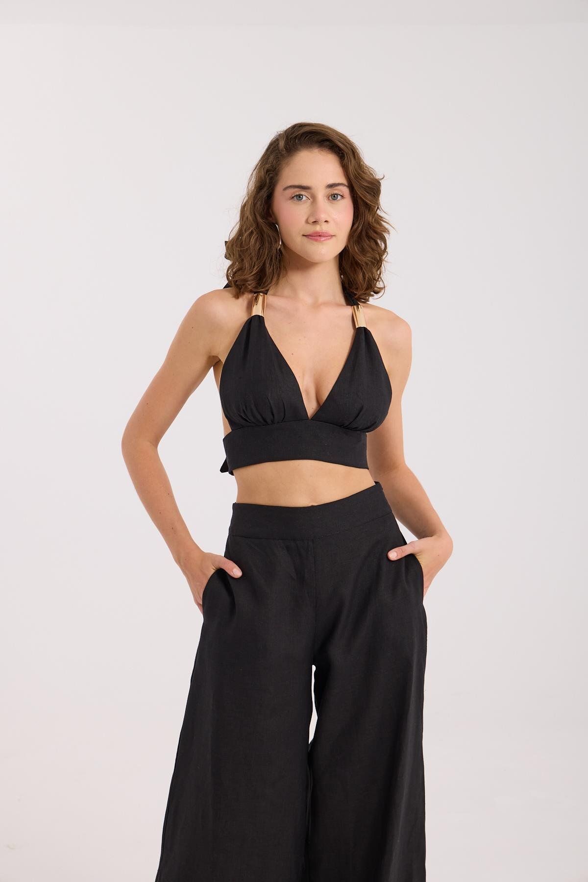 NOK İSTANBUL 100% Keten Emily Bol Lastikli Pantolon Siyah