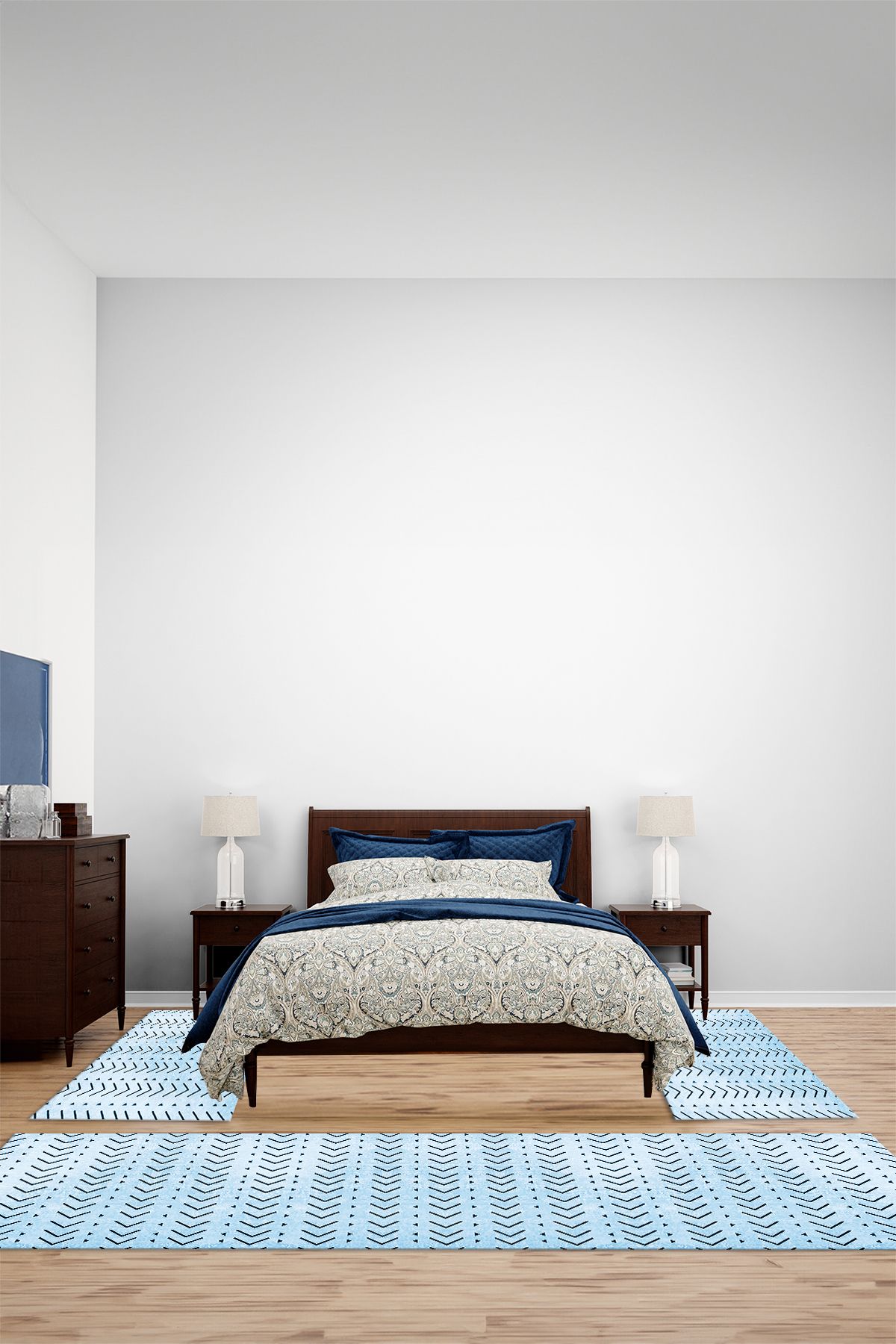 Viyana Home Dijital Kaymaz İskandinav Sade Desenli Yıkanabilir Üçlü Yatak Odası Halısı, YO-İSKANDİNAV-88-MAVİ,