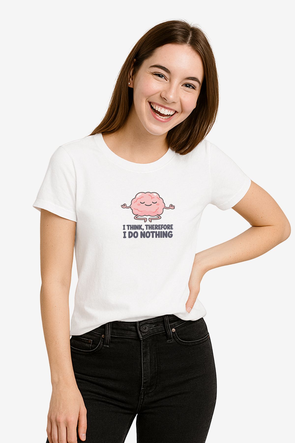 FANA Kadın Beyaz Tişört Renkli Eğlenceli Beyin Slogan Baskılı Yazlık T-shirt