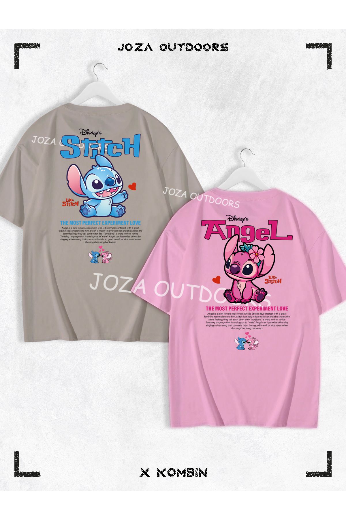 Jobia Outdoors Kadın Erkek Lilo Angel Stitch Yazılı SIRT Baskılı Sevgili Çift Kombini Oversize Tshirt 2'li Takım