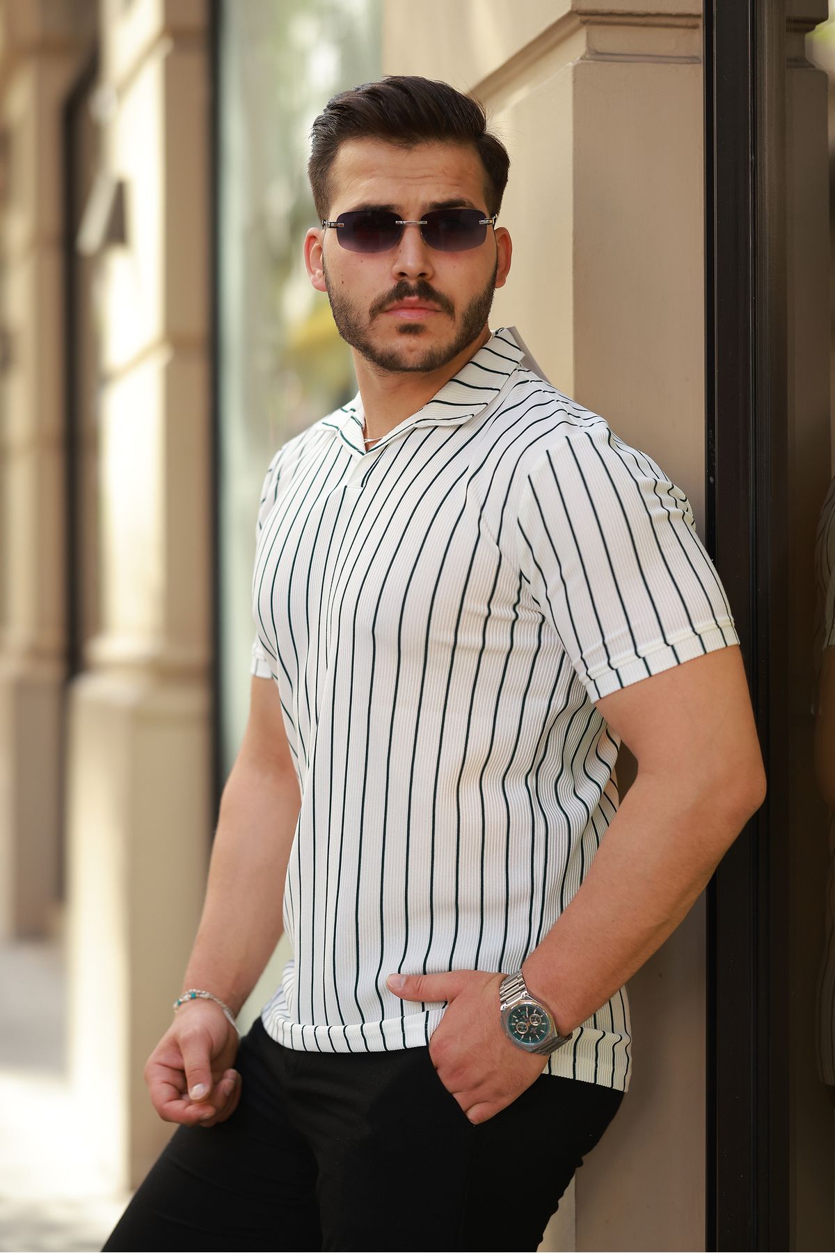 REFRESH Style Erkek Beyaz-Yeşil Ottoman Çizgili Apaş Yaka Polo Tişört