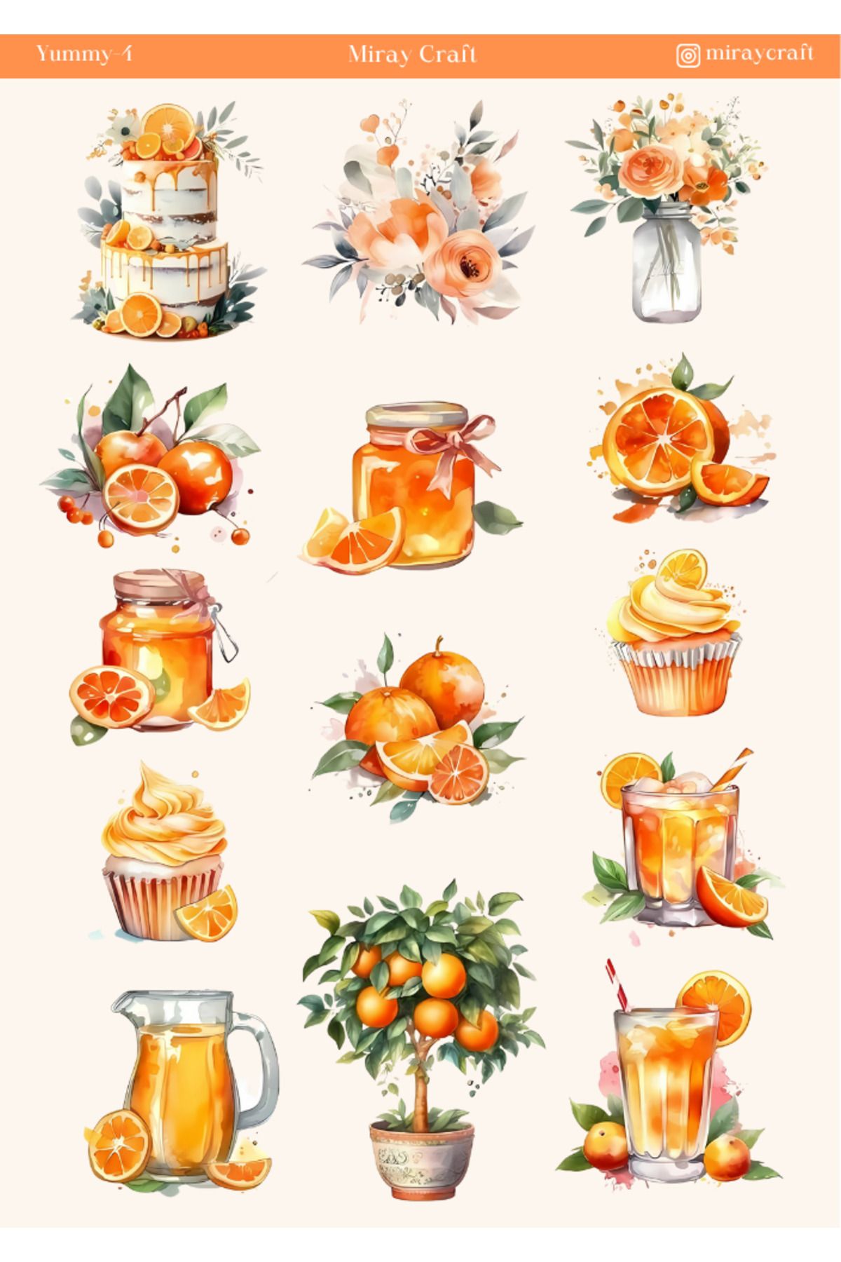 MirayDesign 1 Adet Yummy Temalı Sticker – 12x17 cm Scrapbook, Bullet Journal, Planlayıcı İçin