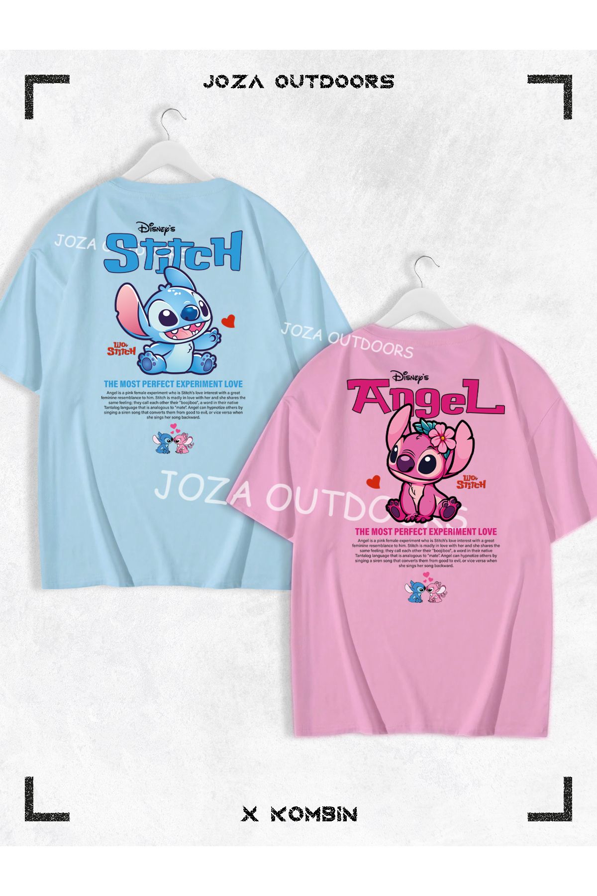 Jobia Outdoors Kadın Erkek Lilo Angel Stitch Yazılı SIRT Baskılı Sevgili Çift Kombini Oversize Tshirt 2'li Takım