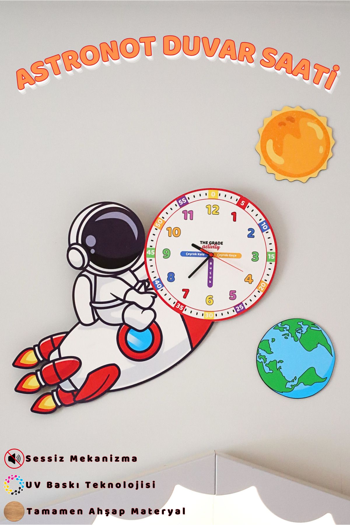 The Grade Ahşap Astronot Temalı Çocuk Odası Duvar Saati Eğitici Saat Çocuk Odası Saat Dekoratif Saat