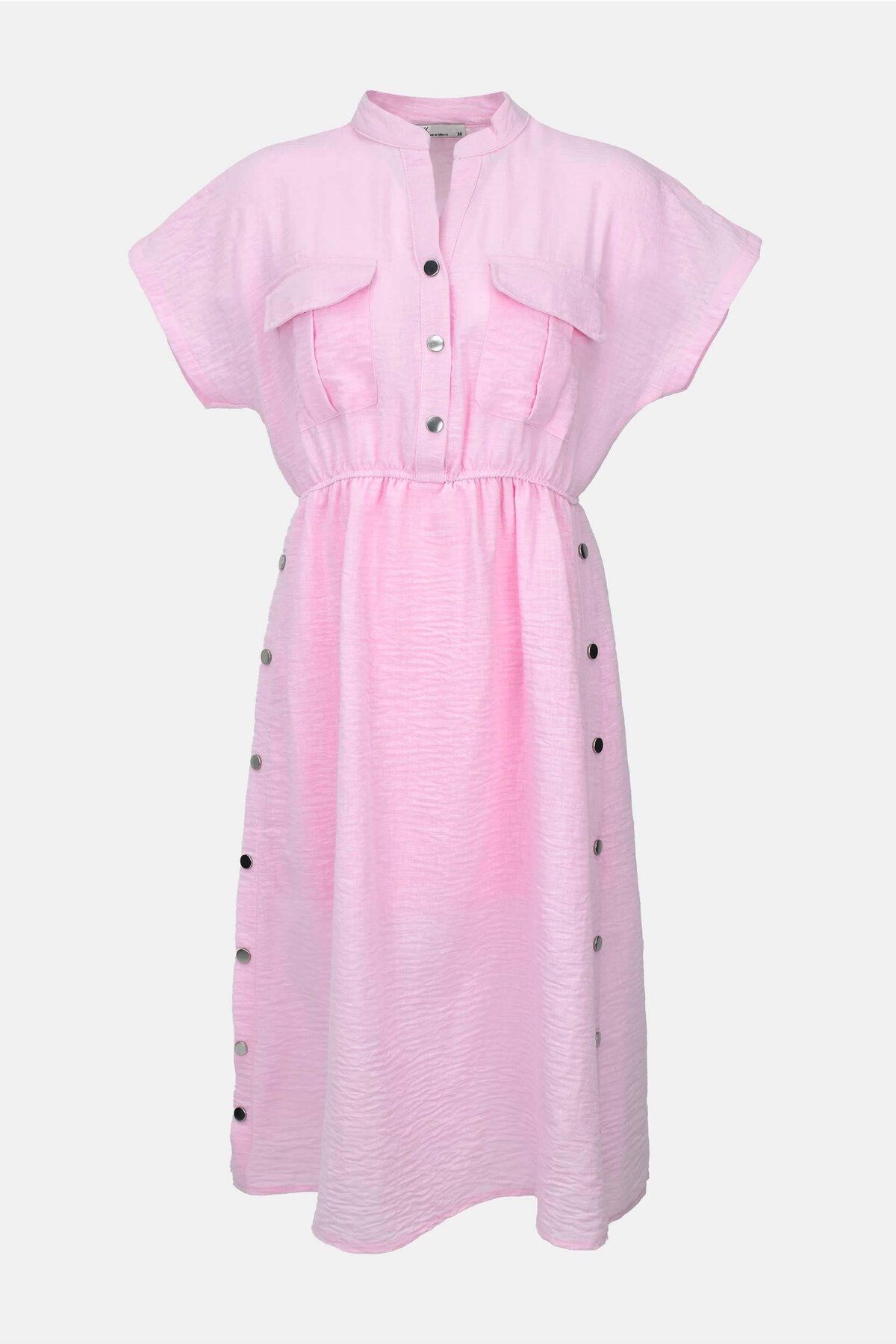 birizmoda Kadın Astarlı Düğme Detaylı Kısa Kollu Midi Boy Elbise- Pembe