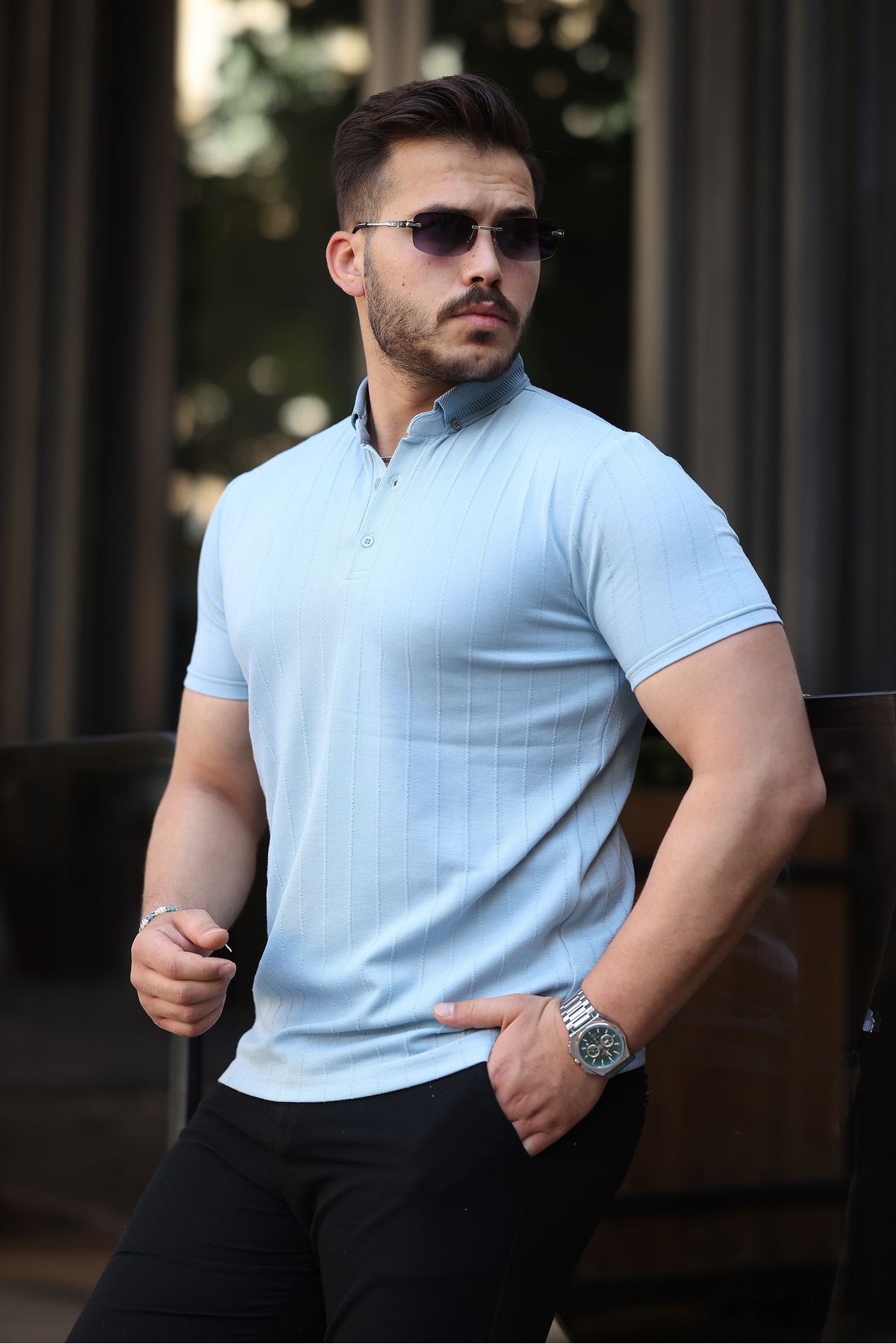 REFRESH Style Erkek Mavi Geniş Şerit Desenli Düğmeli Polo Yaka Tişört