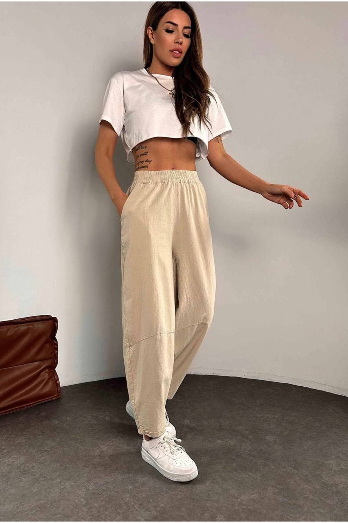 manana fashion TAŞ RENGİ GABARDİN BAĞLAMALI RAHAT PANTOLON