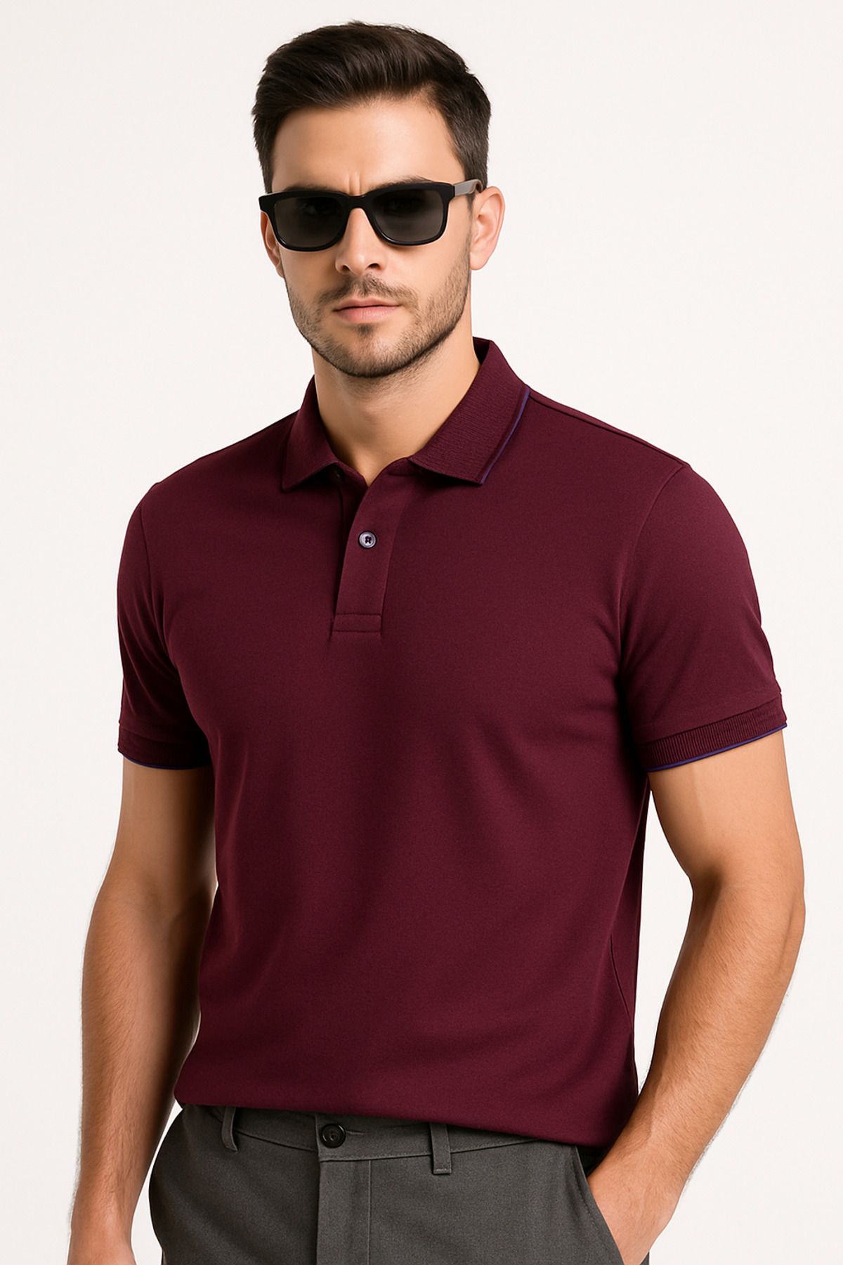 UOMOPARK 2980-1 Urban Hayata Uygun Comfort Petek Yaka Çizgi Detaylı Polo Tişört