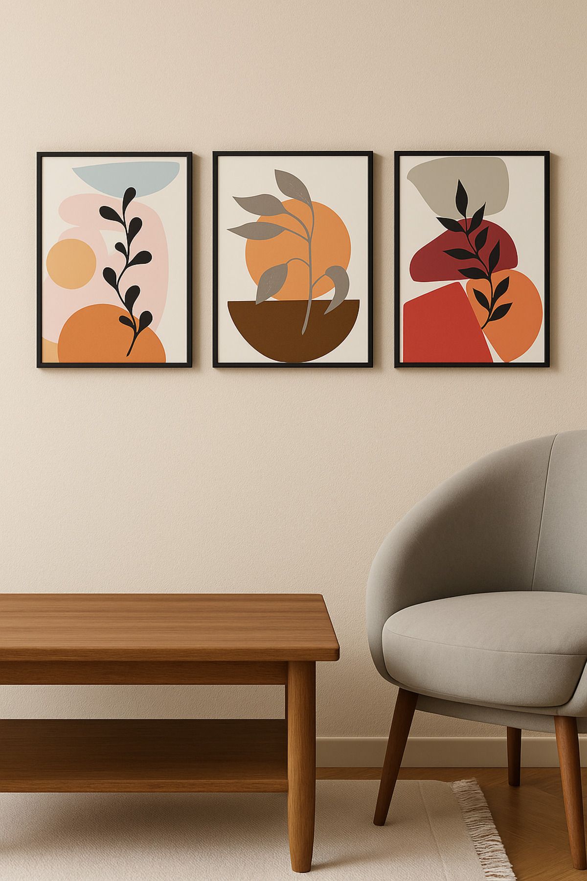 BGV HOME 3'lü Renkli Geometrik Bitki Desenli Modern Duvar Tablo Seti