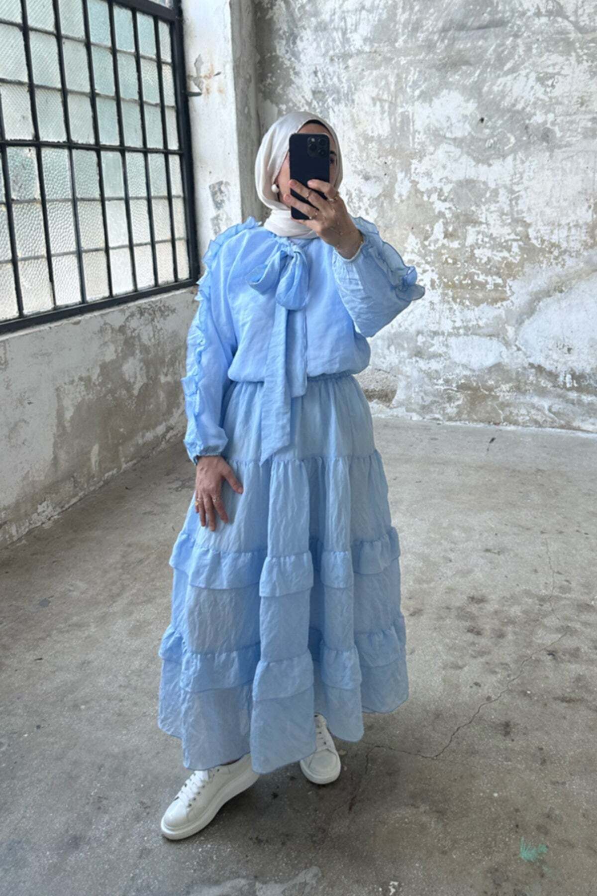 Hatun Atila Yakası Bağlamalı Kolu Fırfırlı Kat Kat Etekli İkili Takım 8034 - Bebek Mavisi