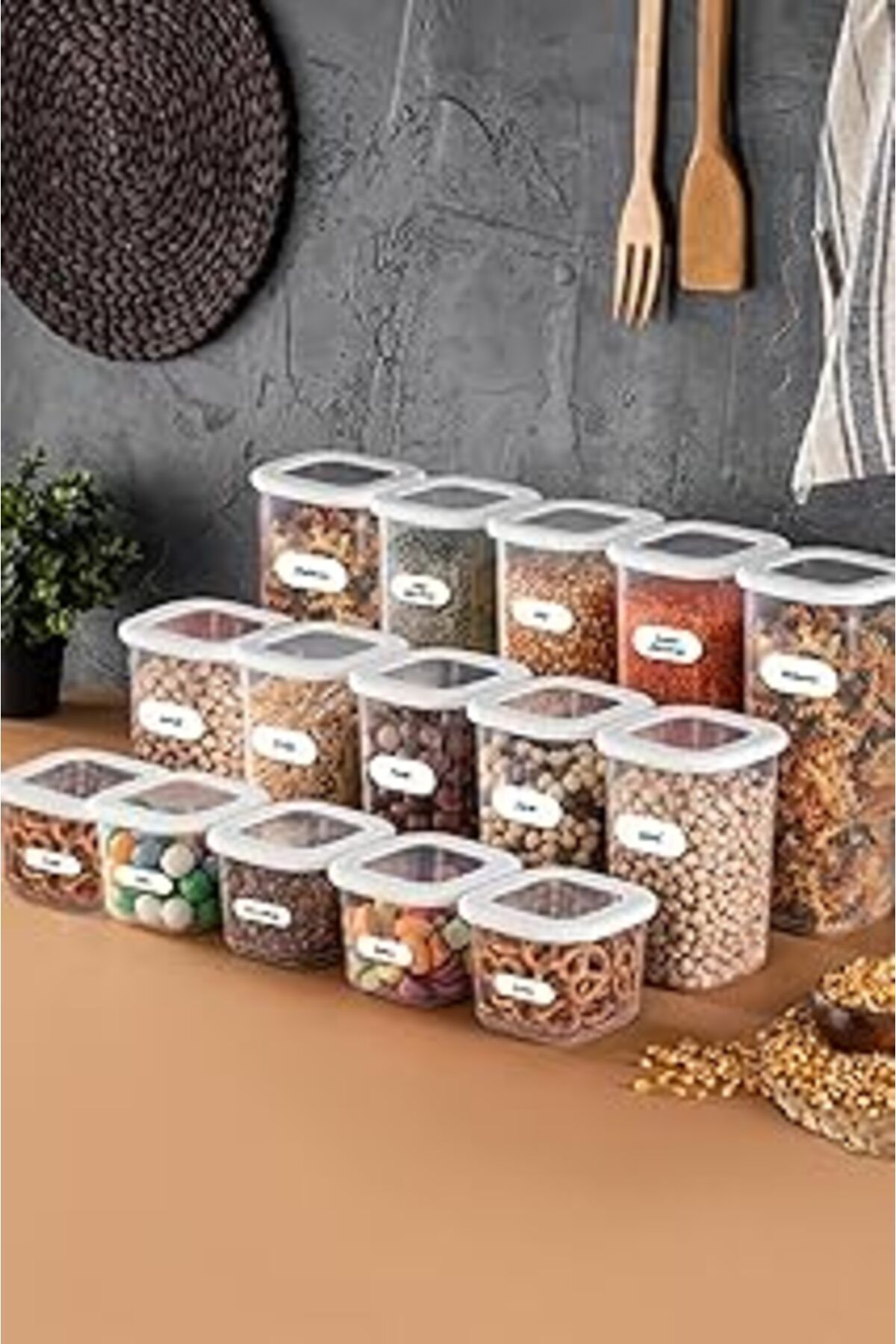Mu Art Ahşap 15Li Etiketli Foly Erzak Saklama Kabı Seti 5X(0,55 Litre, 1,2 Litre, 1,75 Litre) Beyaz-852613459876