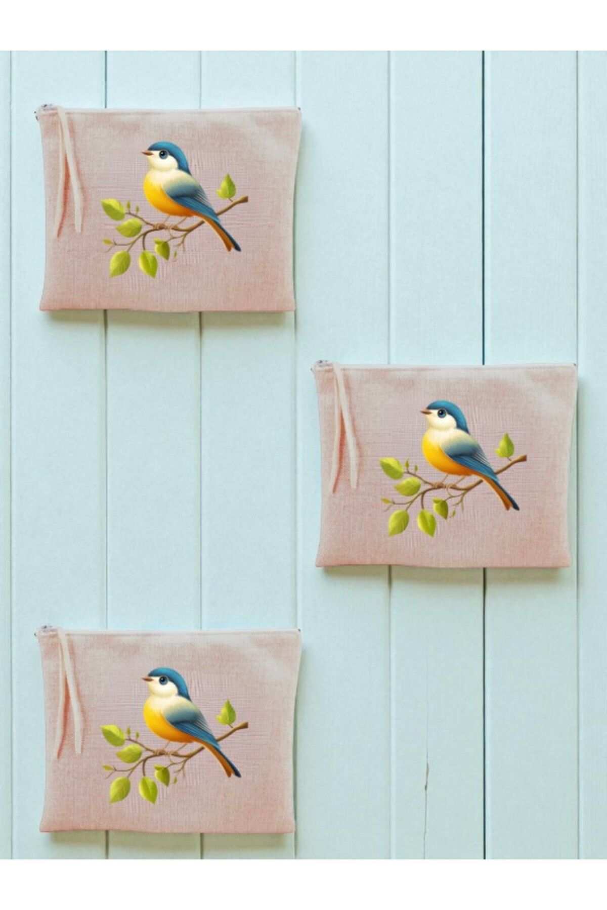 lili hediyelik Sevimli Kuş Baskılı 3'lü Makyaj Çantası 20x25 cm