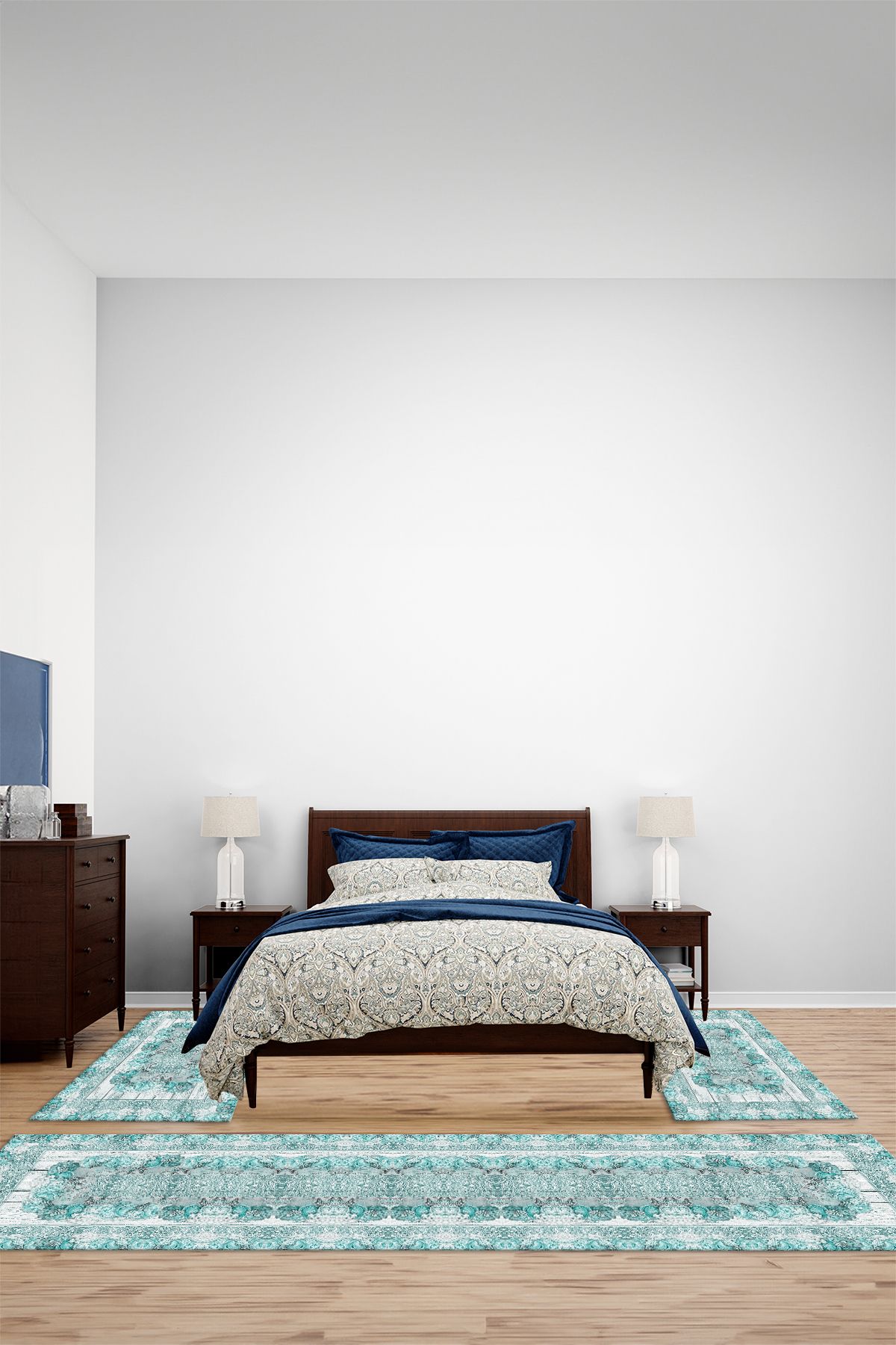 Viyana Home Dijital Kaymaz Taban Klasik Gül Desenli Yıkanabilir Üçlü Yatak Odası Halısı, YO-KLASİK-123-TURKUAZ,