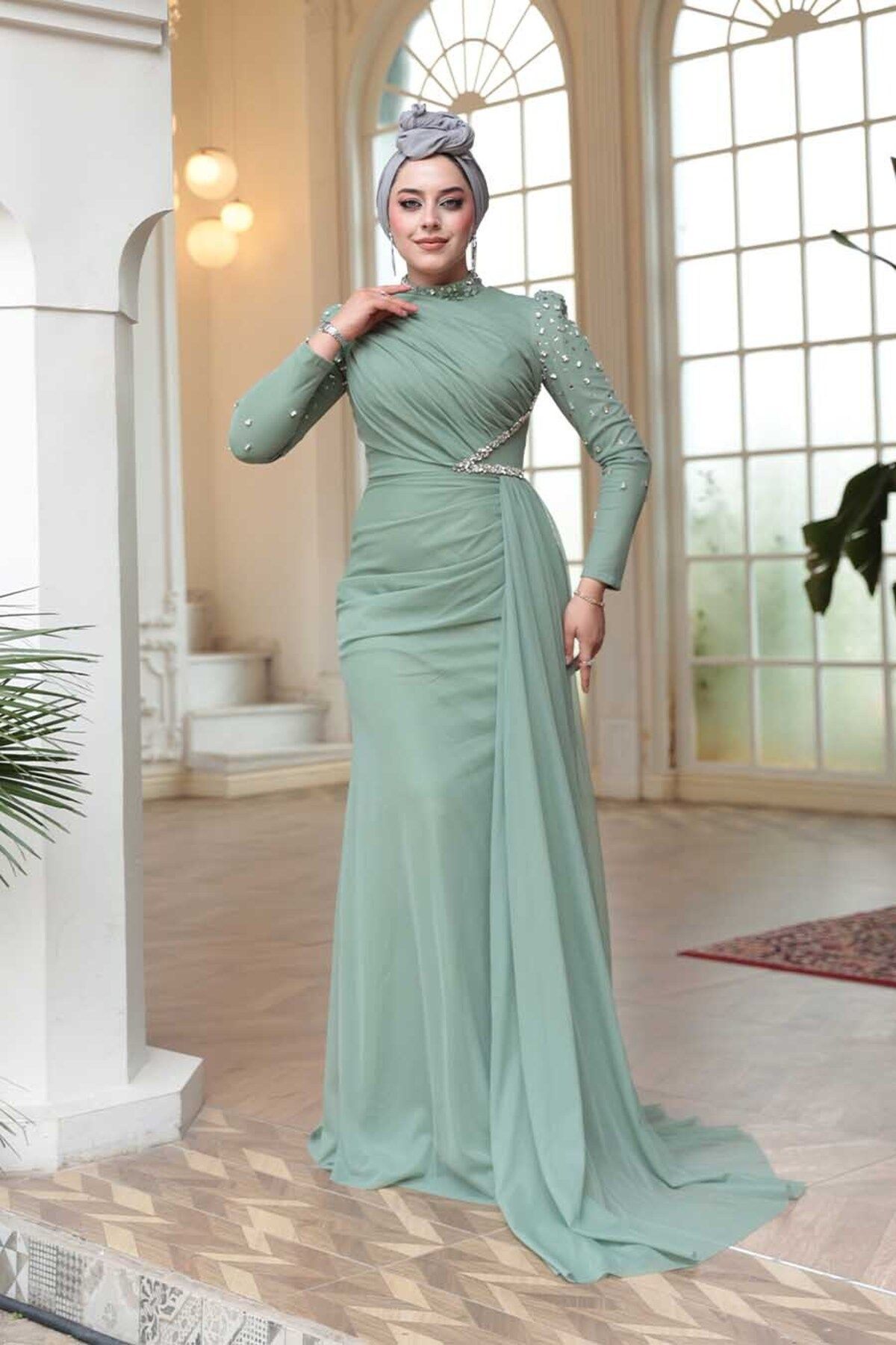 N.S NEVA STYLE Boncuk İşlemeli Mint Tesettür Abiye Elbise 5295MINT