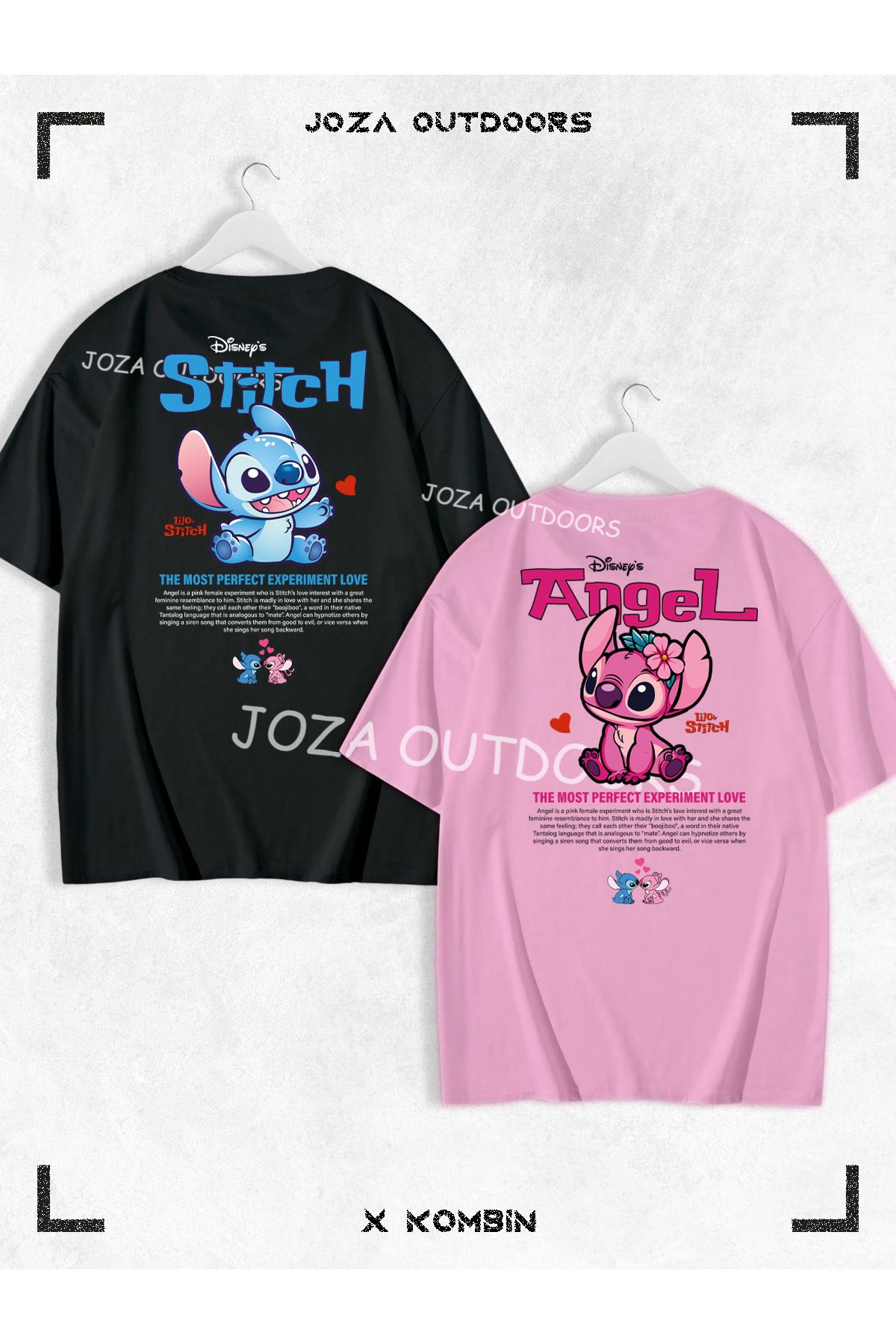 Joza Outdoors Kadın Erkek Lilo Angel Stitch Yazılı SIRT Baskılı Sevgili Çift Kombini Oversize Tshirt 2'li Takım