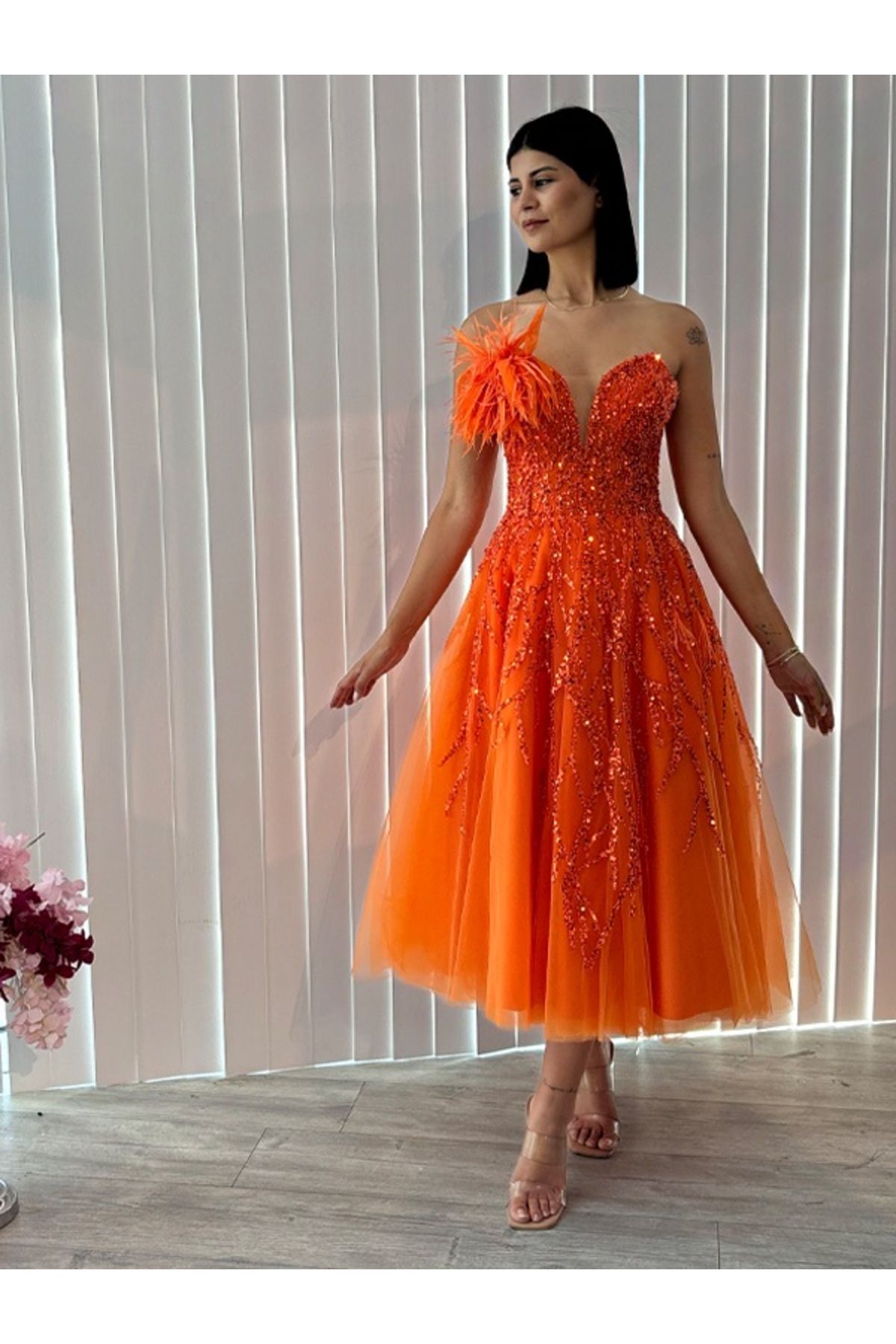 Always Dress Orange işleme kaplı midi tül elbise