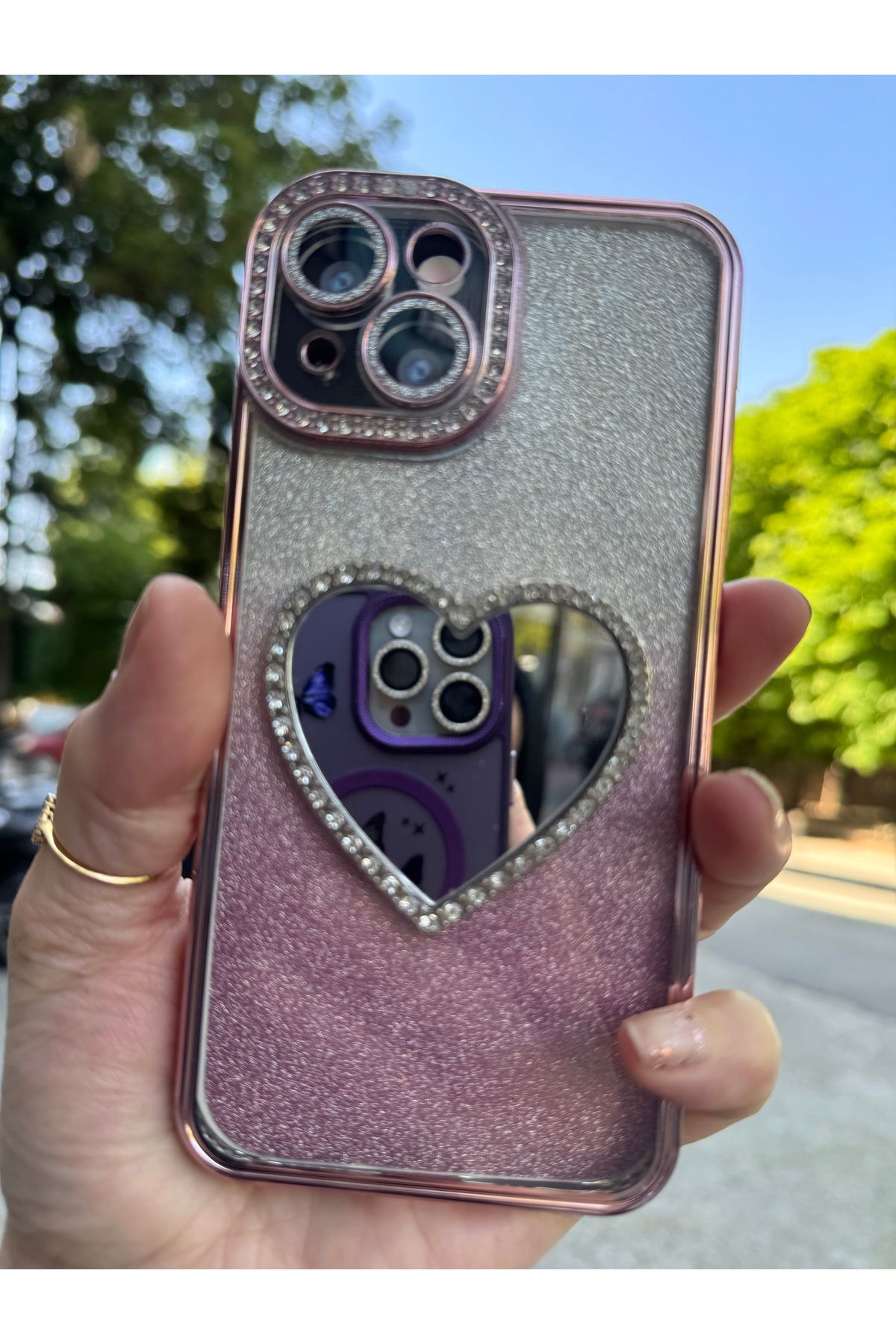 DÜNYA AKSESUAR iPhone 14 tam koruma aynalı taşlı çıkabilir simli silikon silikon