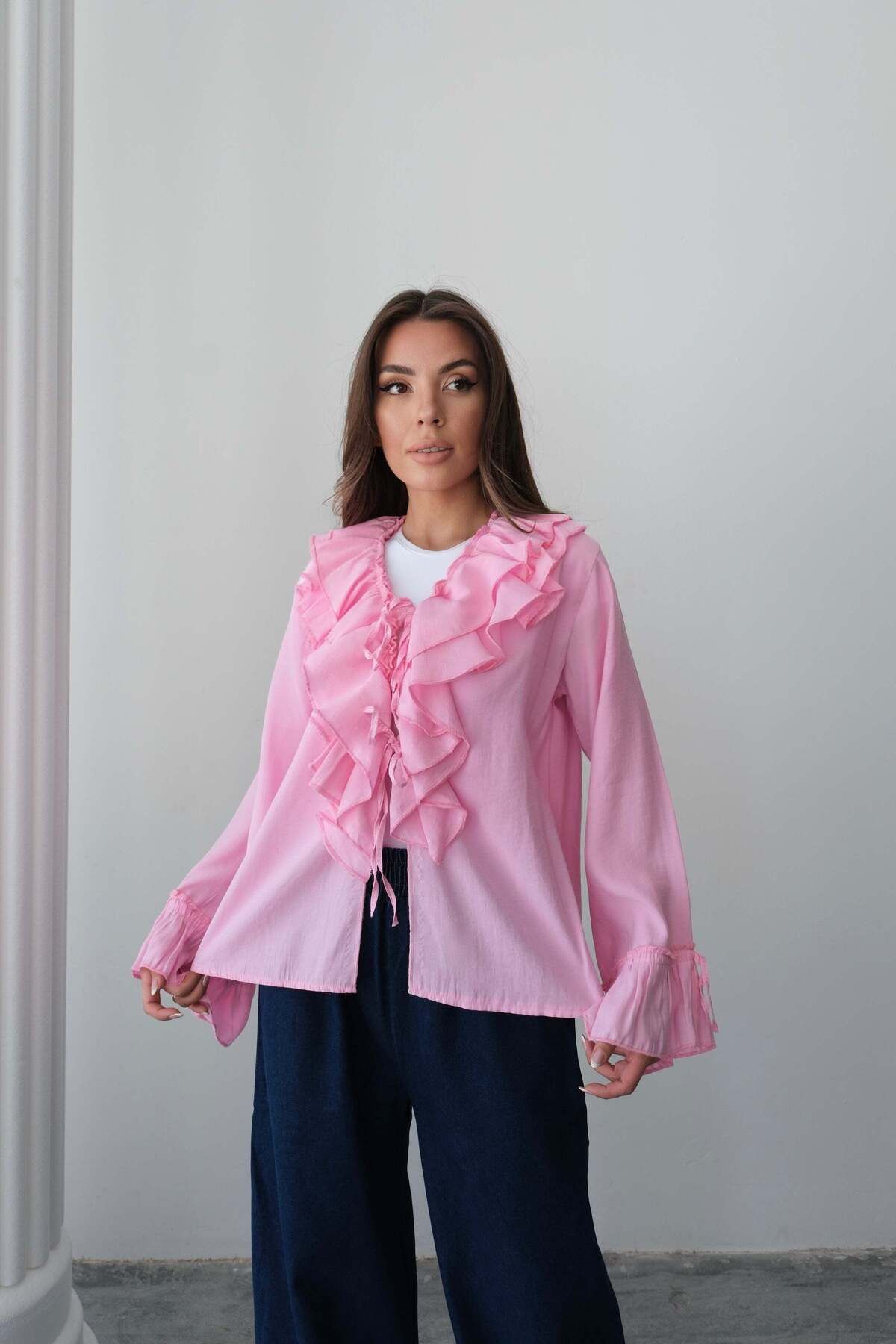 Hatun Atila Fırfırlı Bağlama Detaylı Uzun Kollu Bluz 8834 - Pembe