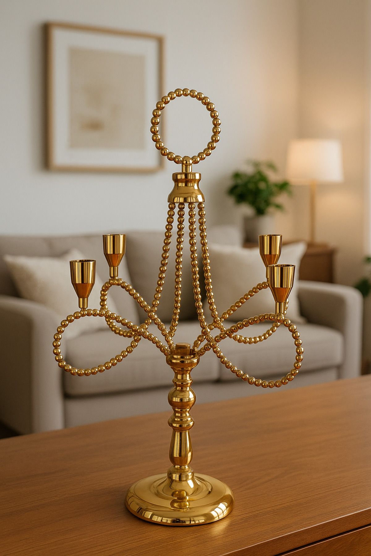 Modelce Gold Renk Beş Kollu Metal Şamdan – Modern ve Minimalist Dekoratif Mumluk