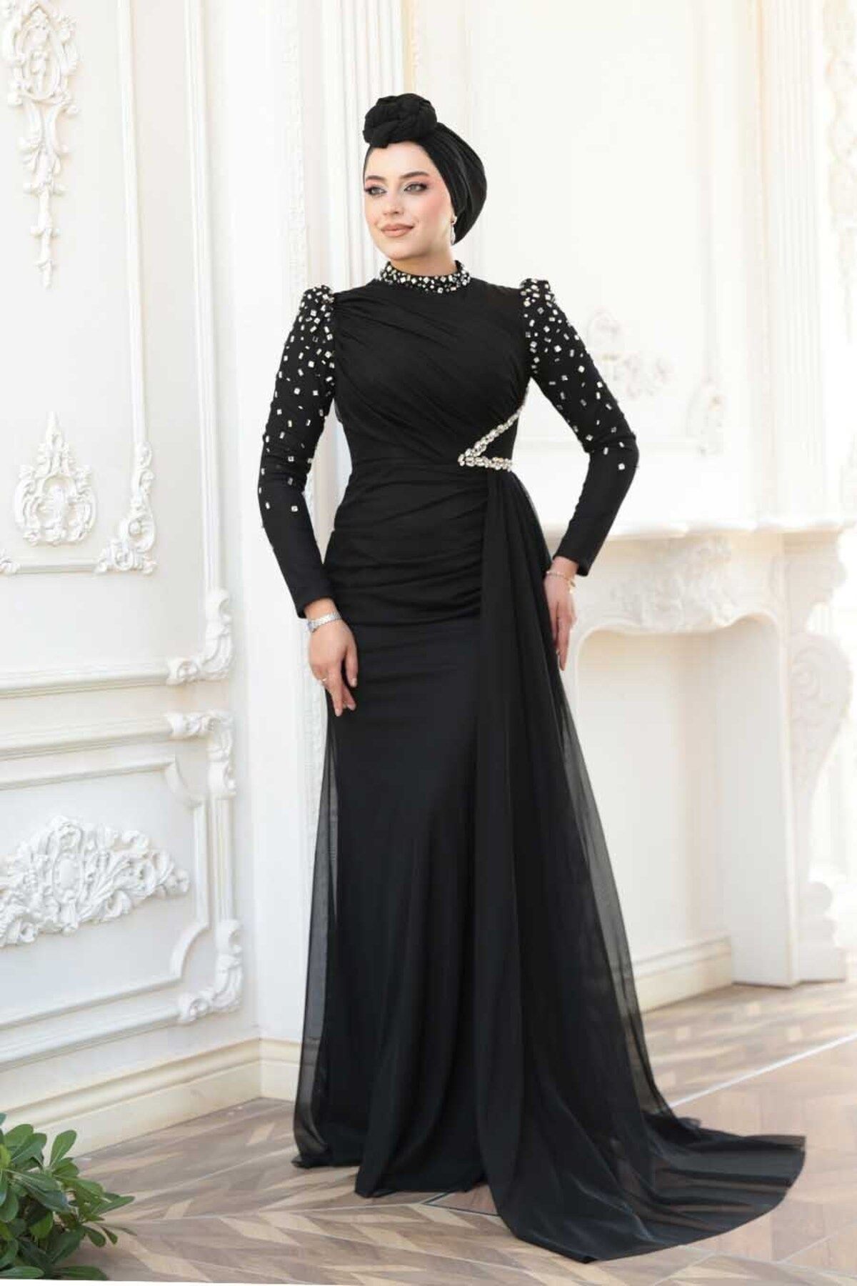 N.S NEVA STYLE Boncuk İşlemeli Siyah Tesettür Abiye Elbise 5295S