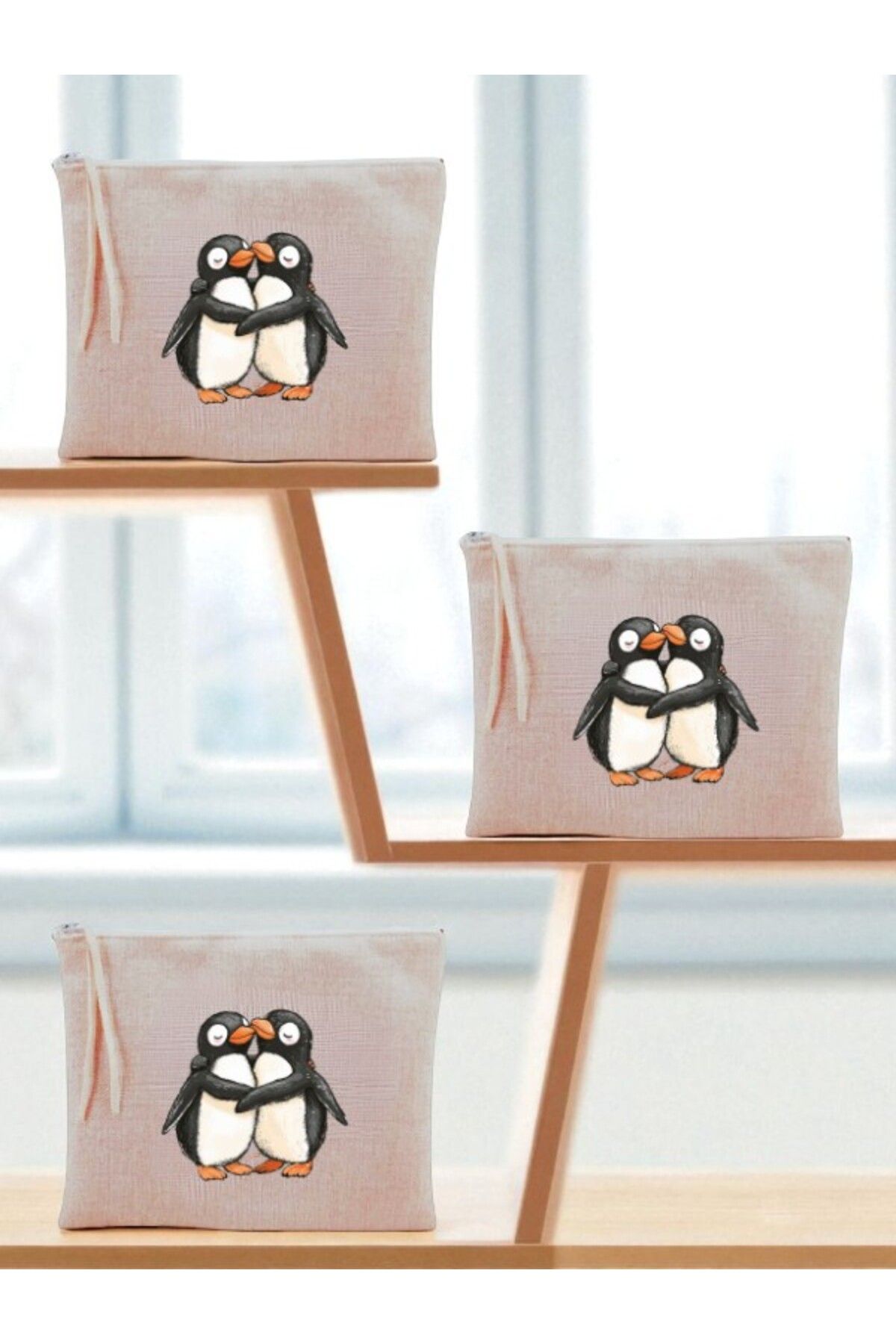lili hediyelik Sarılan Penguenler Baskılı 3'lü Makyaj Çantası 20x25 cm