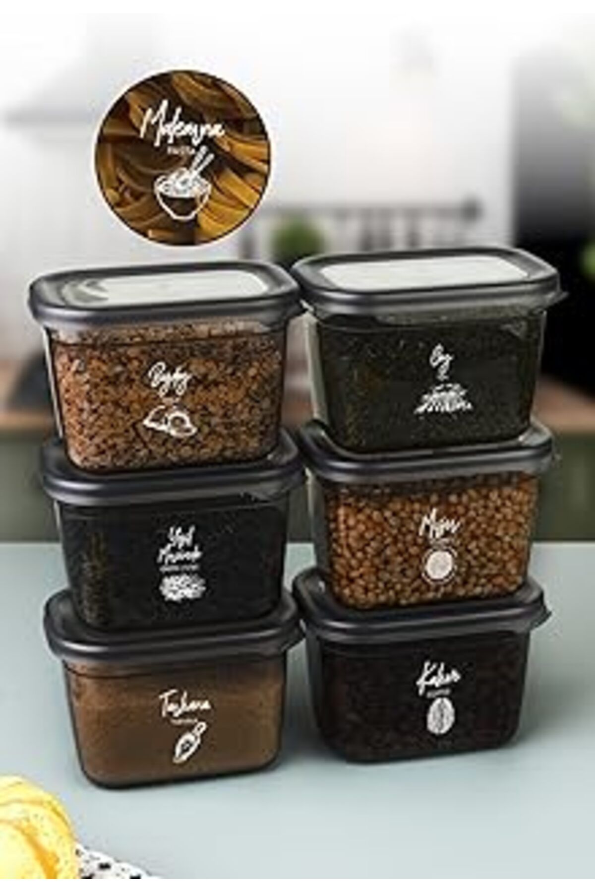 Mu Art Ahşap Beyaz Serigrafi Etiketli 6Lı Peggy Dikdörtgen Saklama Kabı Seti 800 Ml Antrasit