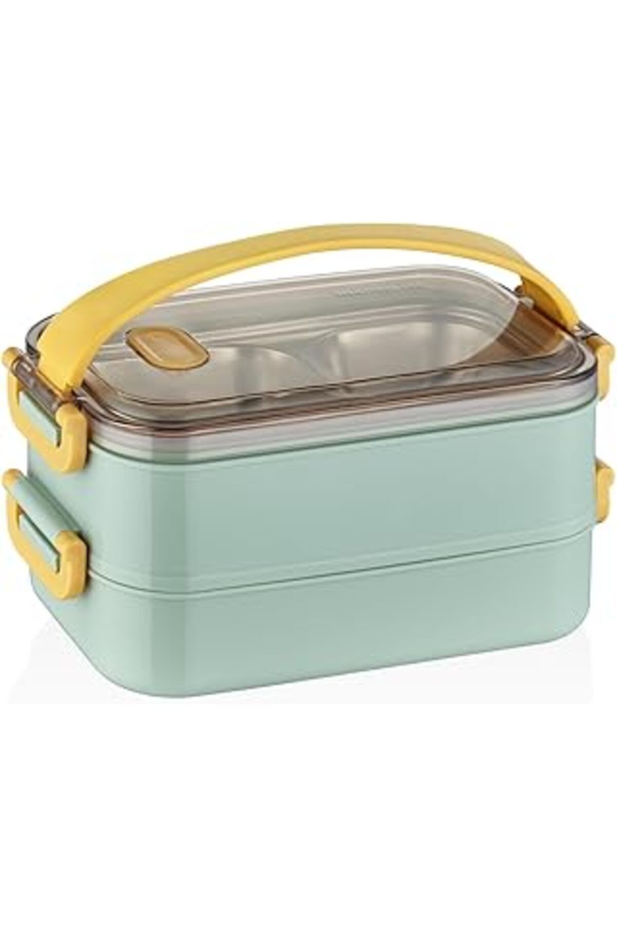 Mu Art Ahşap Vagonlife Bento Lunch Box Ofis-Okul İçin Yeni Nesil Sefer Tası 2 Kat Taşıma Kulplu Çelik Ff367 Yeşi