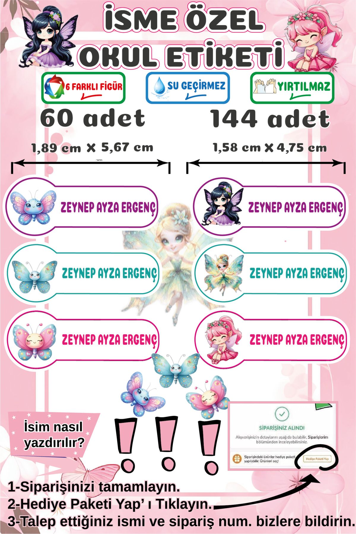 Ayza Tasarım Kalem Defter Kitap Etiketi İsim Etiketi Kişiye Özel Yapışkanlı Kız Çocuk Okul Etiketi Kırtasiye