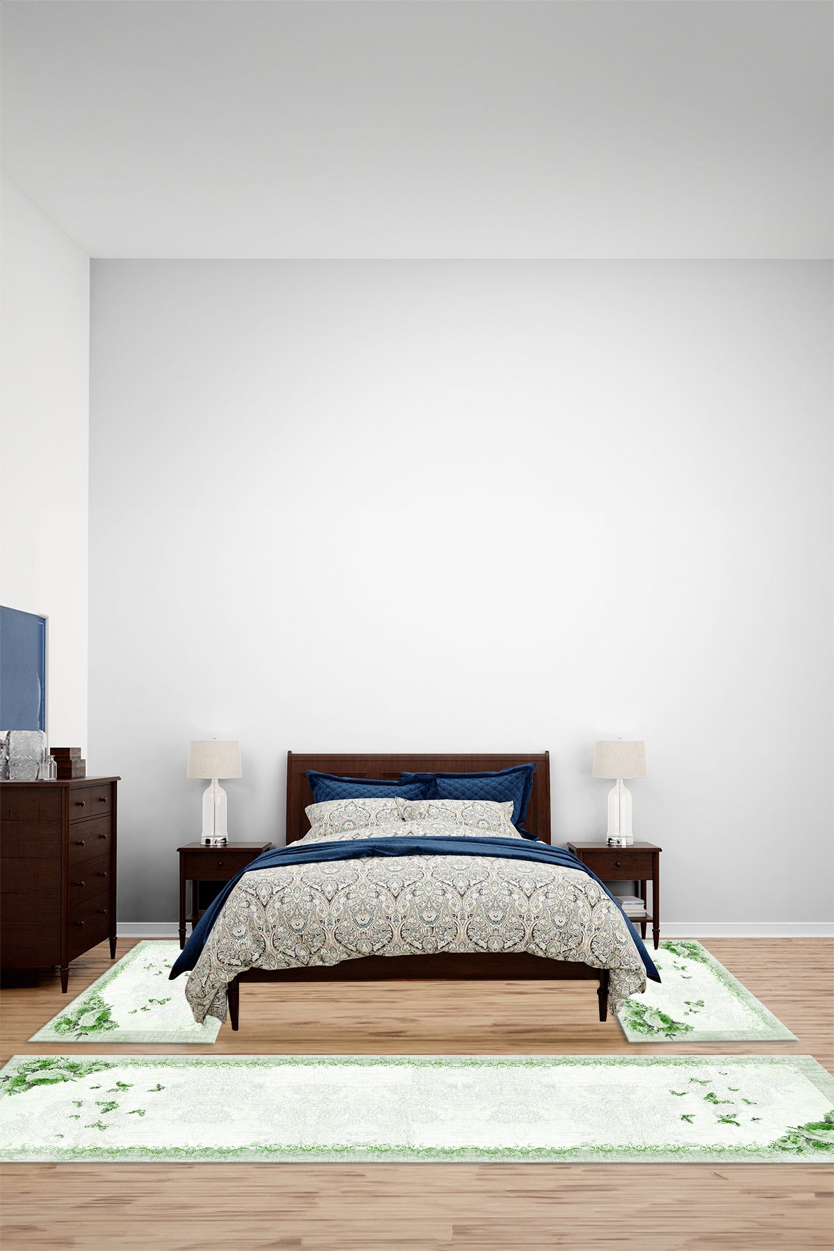 Viyana Home Dijital Kaymaz Klasik Kelebek Desen Modern Yıkanabilir Üçlü Yatak Odası Halısı, YO-KLASİK-118-YEŞİL,