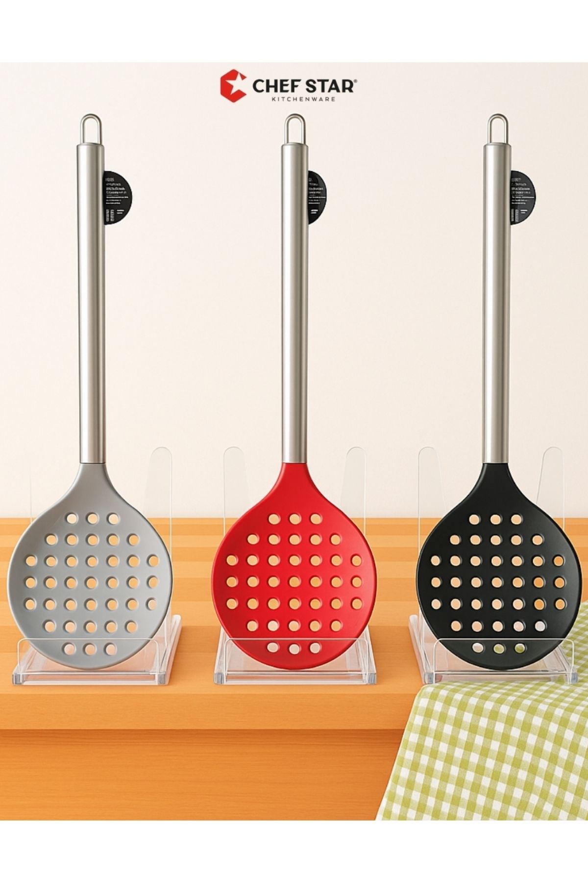 Chefstar PASLANMAZ ÇELİK SAPLI ISIYA DAYANIKLI SİLİKON DELİKLİ KEVGİR