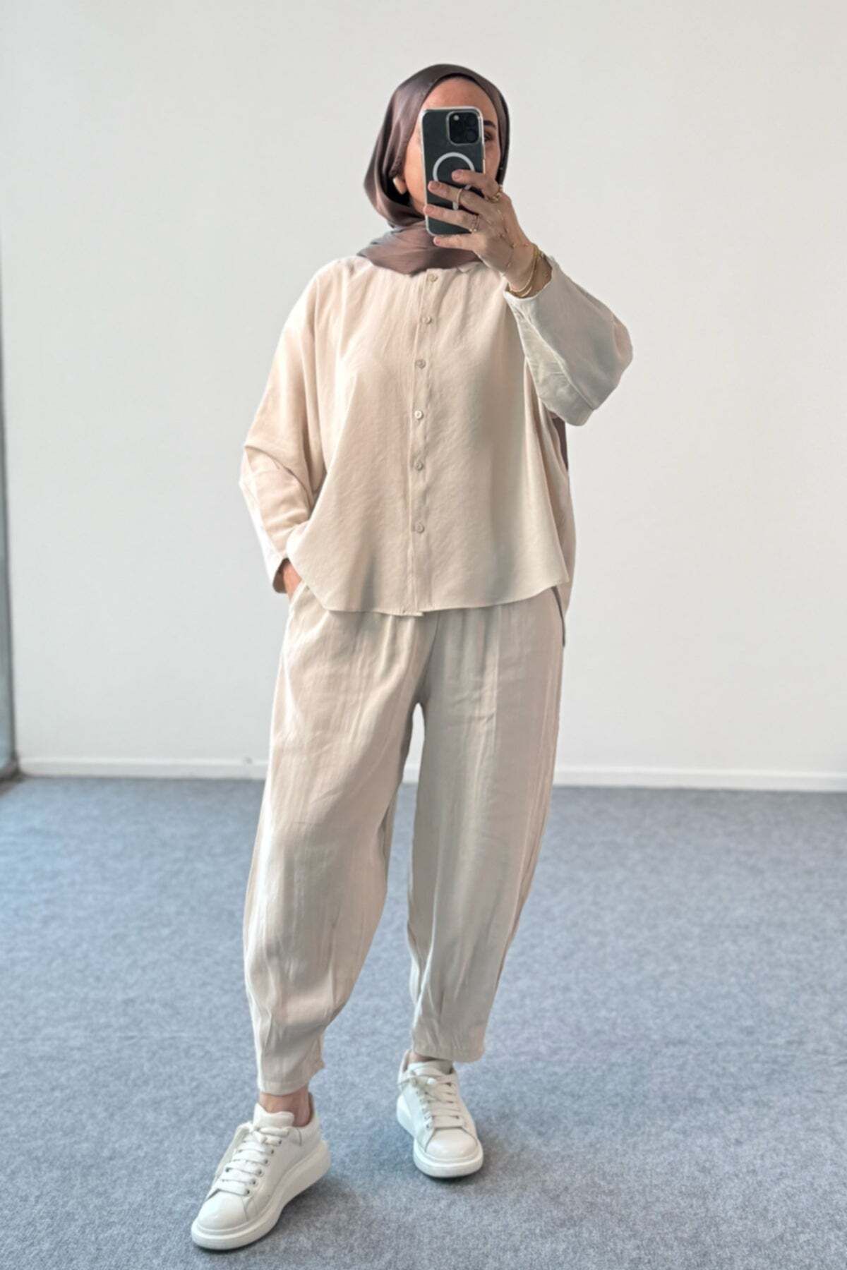 Hatun Atila Modal Kumaş Oversize Gömlekli Şalvar Pantolonlu İkili Takım 5210 - Bej