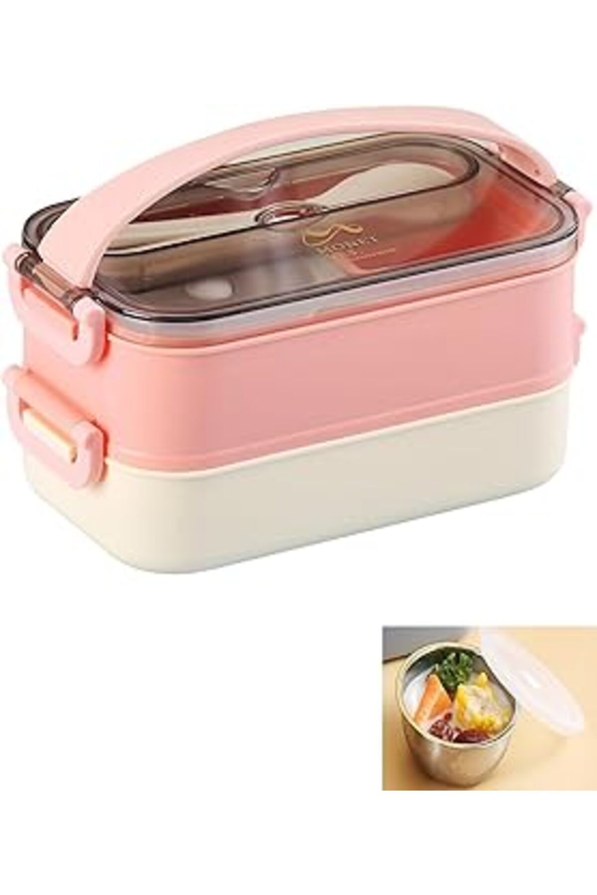 Mu Art Ahşap Bento Lunch Box Ofis-Okul İçin Yeni Nesil Sefer Tası -Çorba Kaseli Model-Paslanmaz Çelik Pembe