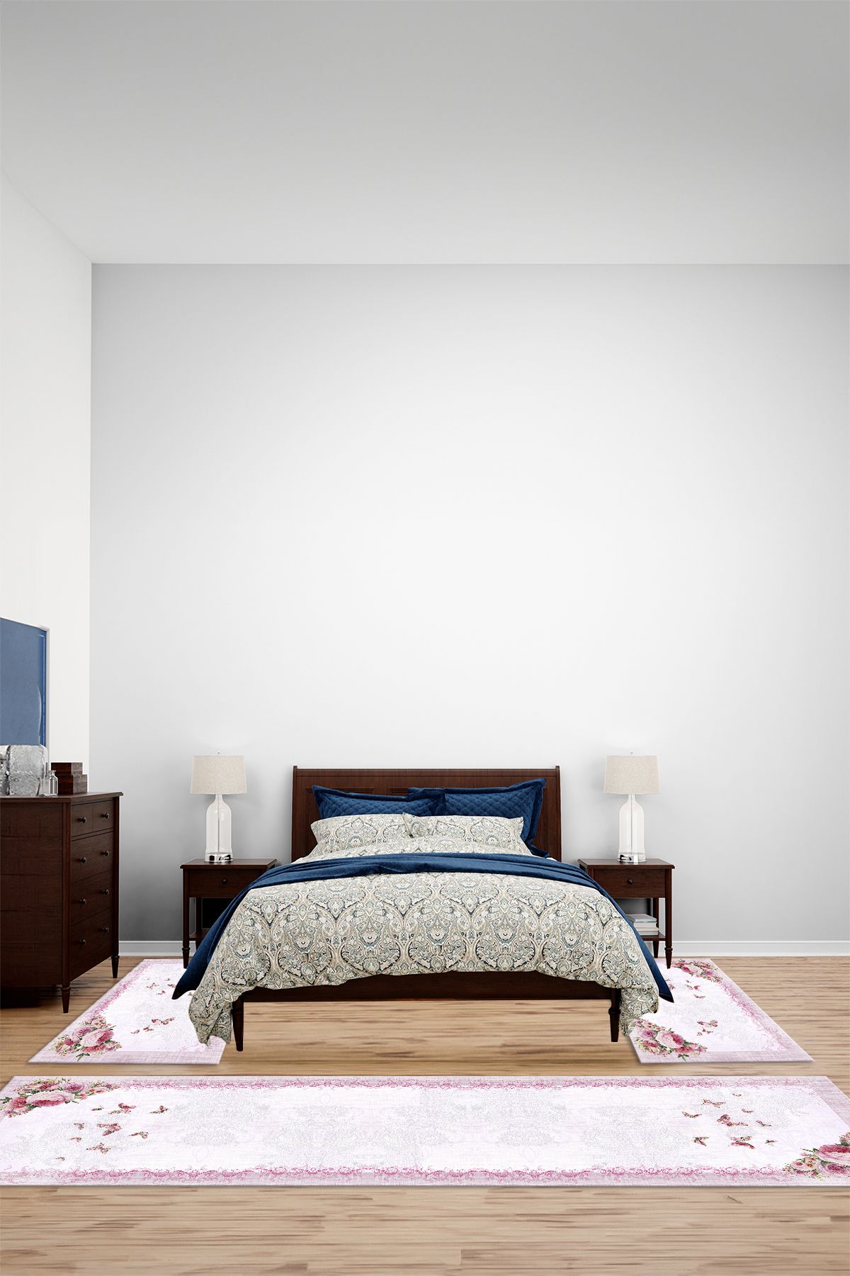 Viyana Home Dijital Kaymaz Klasik Kelebek Desen Modern Yıkanabilir Üçlü Yatak Odası Halısı, YO-KLASİK-118-PEMBE,