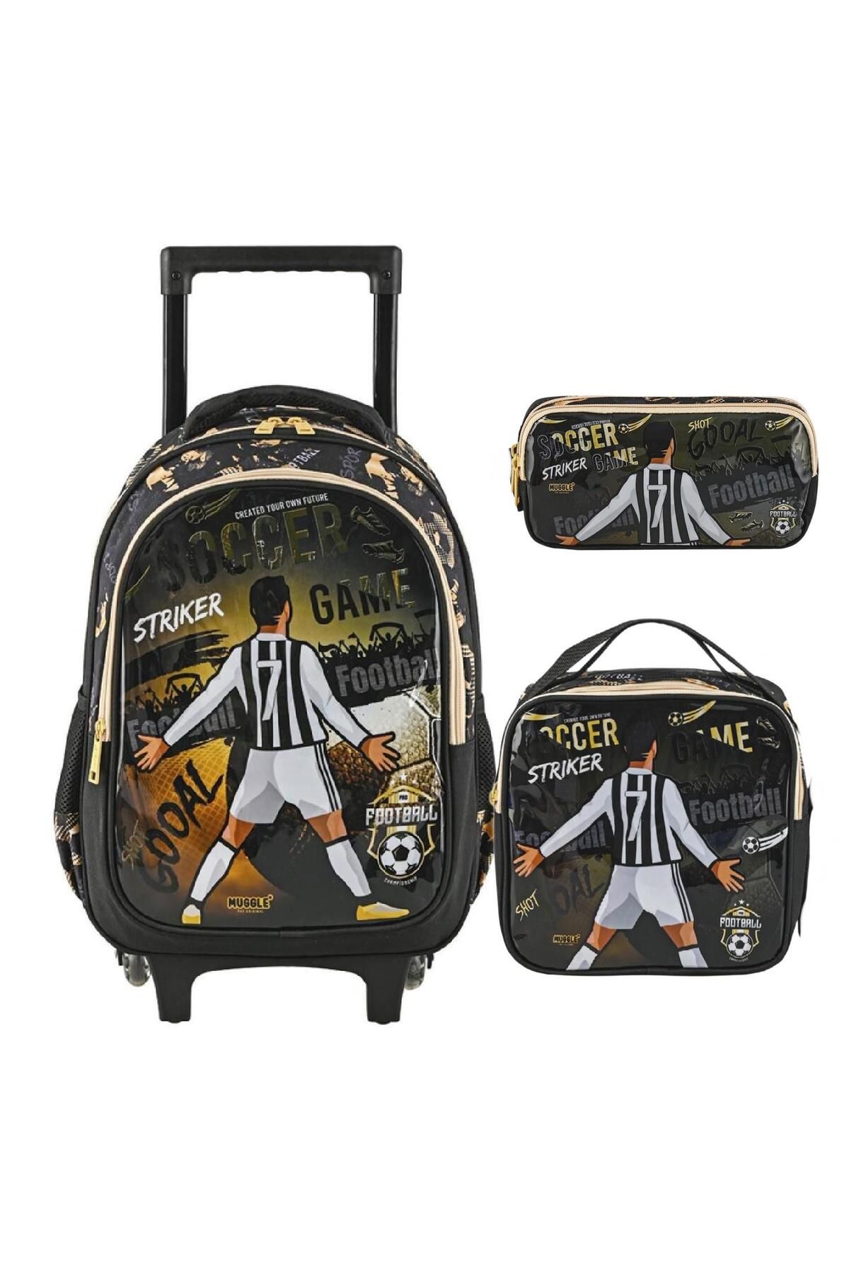 MUGGLE 2 Bölmeli Soccer Game Çekçekli Okul Çantası + Beslenme Çantası + Kalemlik