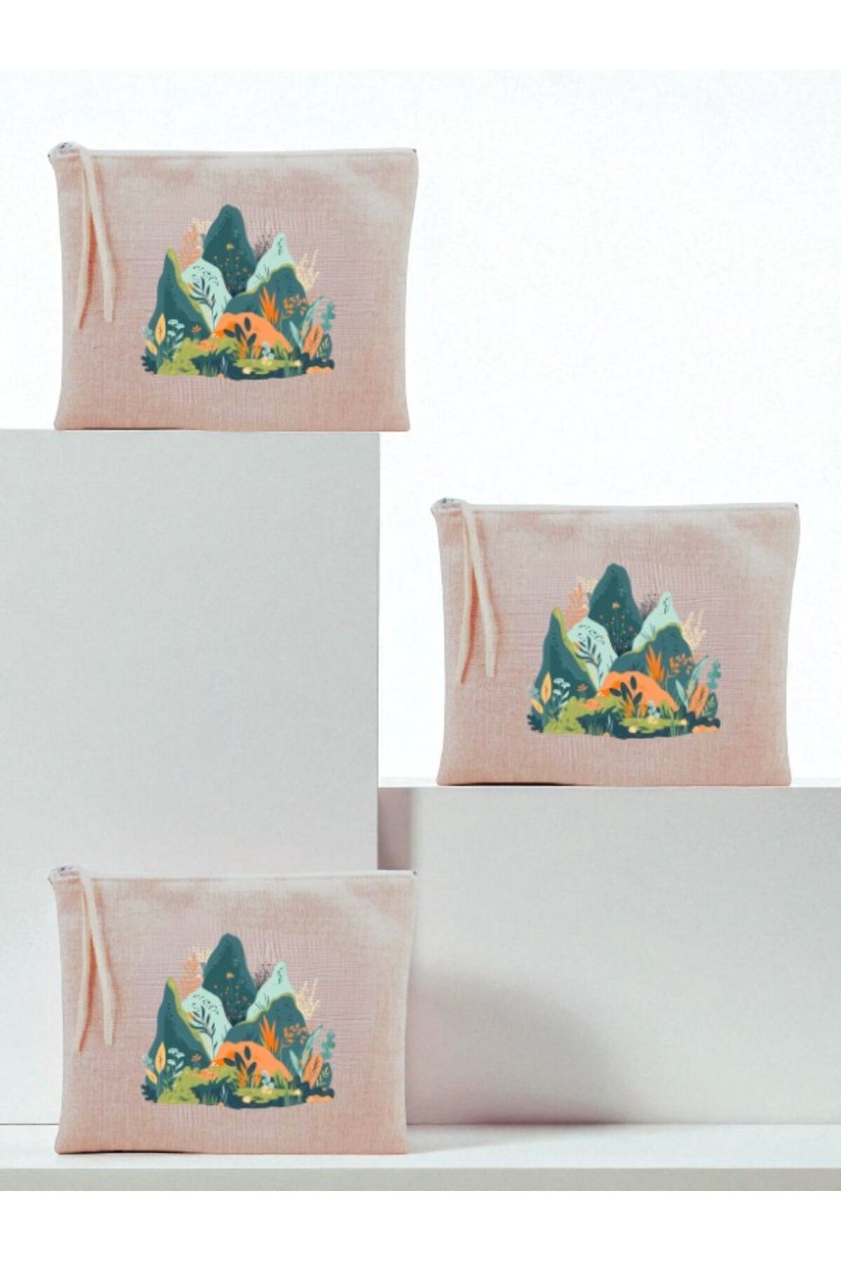 lili hediyelik Doğa Baskılı 3'lü Makyaj Çantası 20x25 cm
