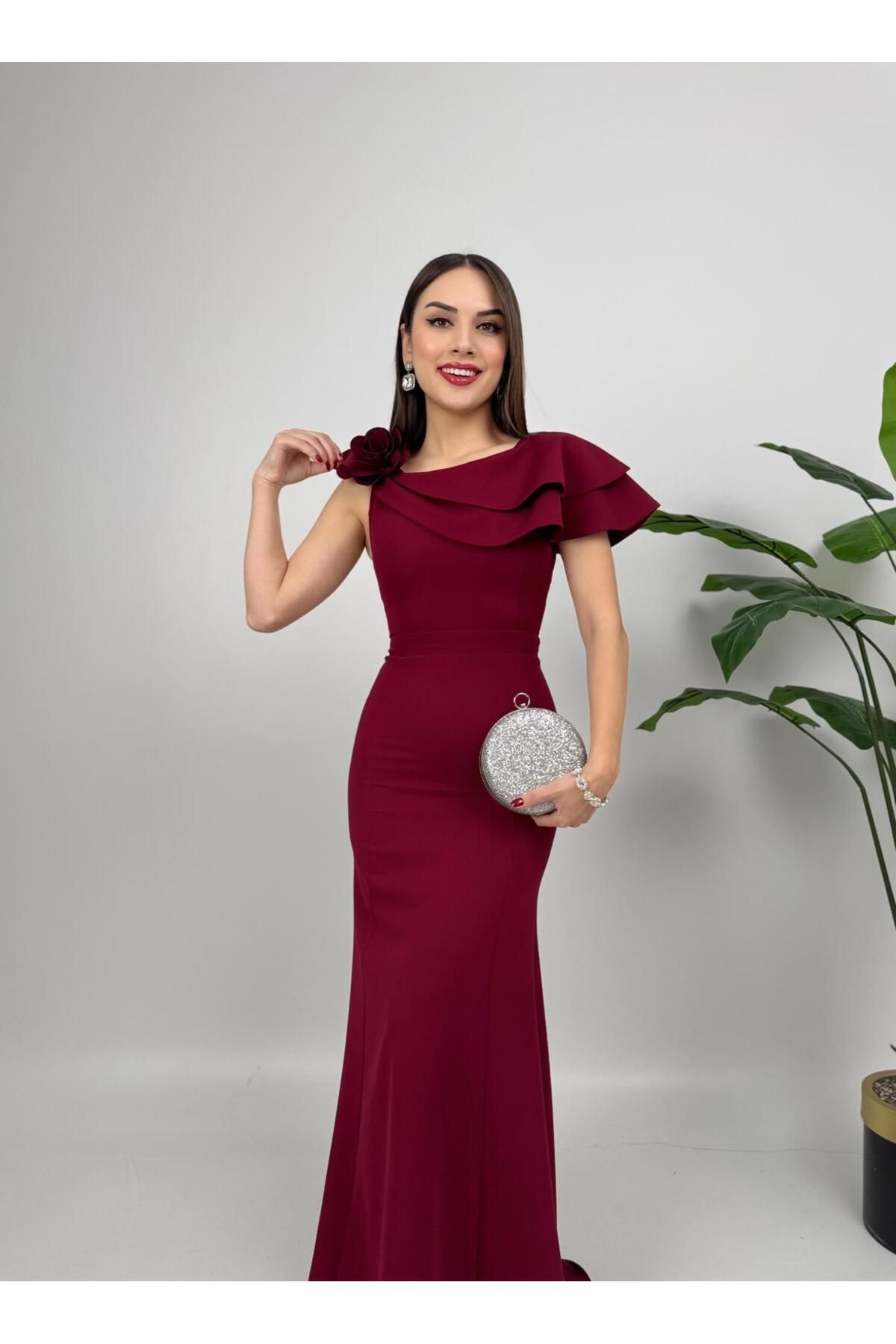 maf collection Kadın Bordo Çiçek Drape Detay Uzun Abiye Mezuniyet Elbisesi