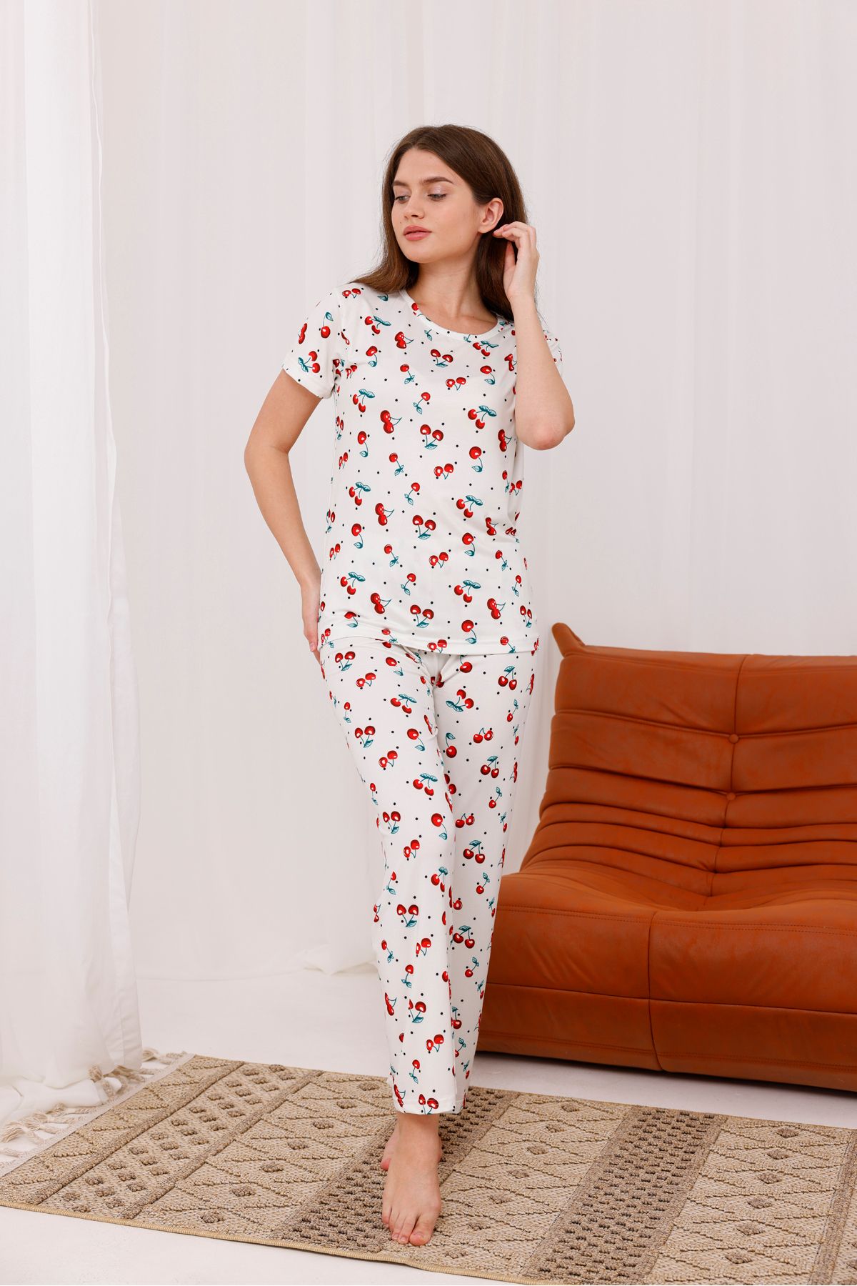 Arvin Pijama Kadın Cherry Baskılı Yumuşak Dokulu Kısa Kollu Örme Pijama Takımı