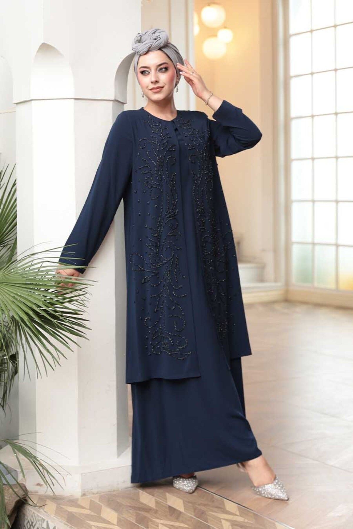 N.S NEVA STYLE Boncuk İşlemeli Lacivert Tesettür Abaya 29121L